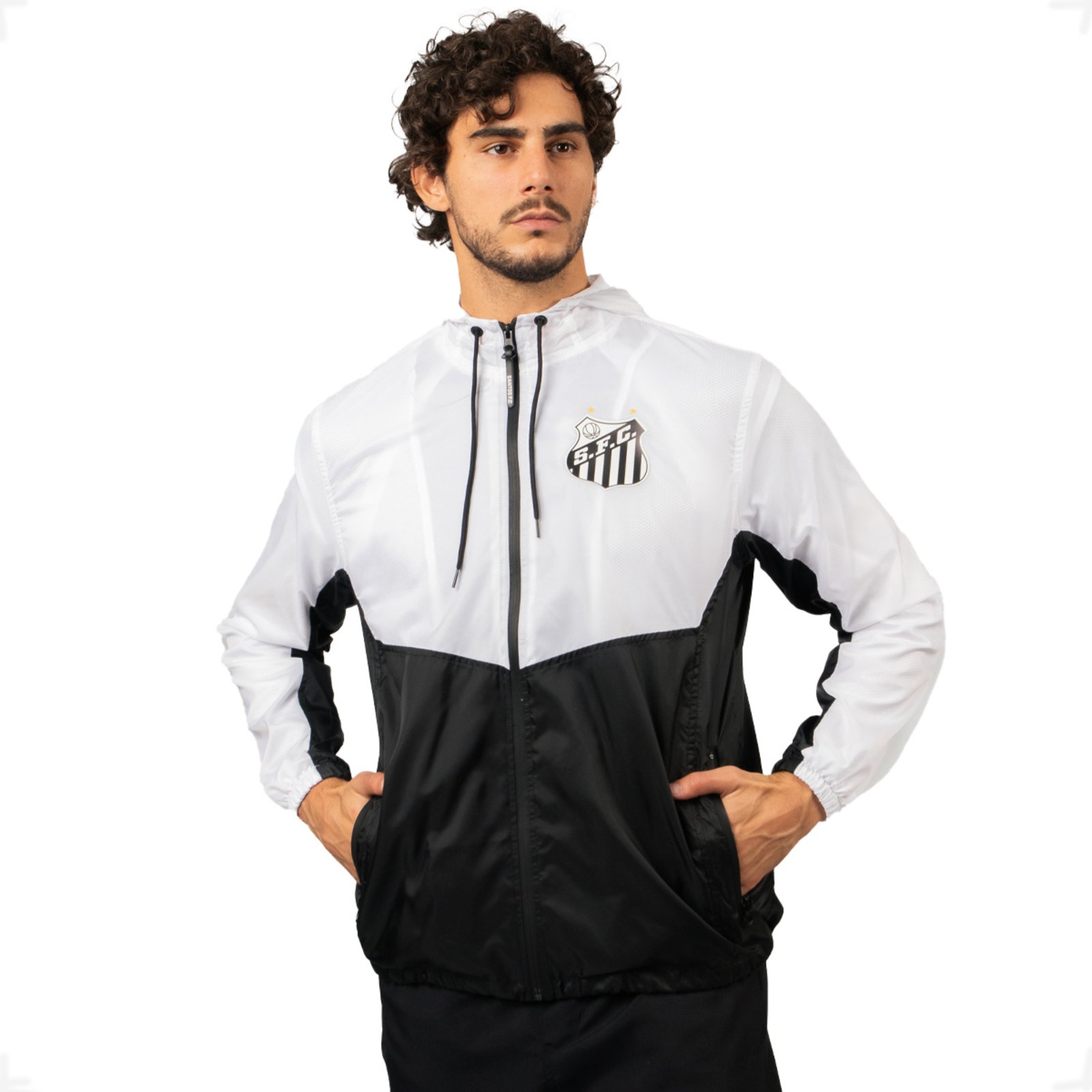Jaqueta Corta Vento Santos Oficial Nylon Surf Center Branco/Preto