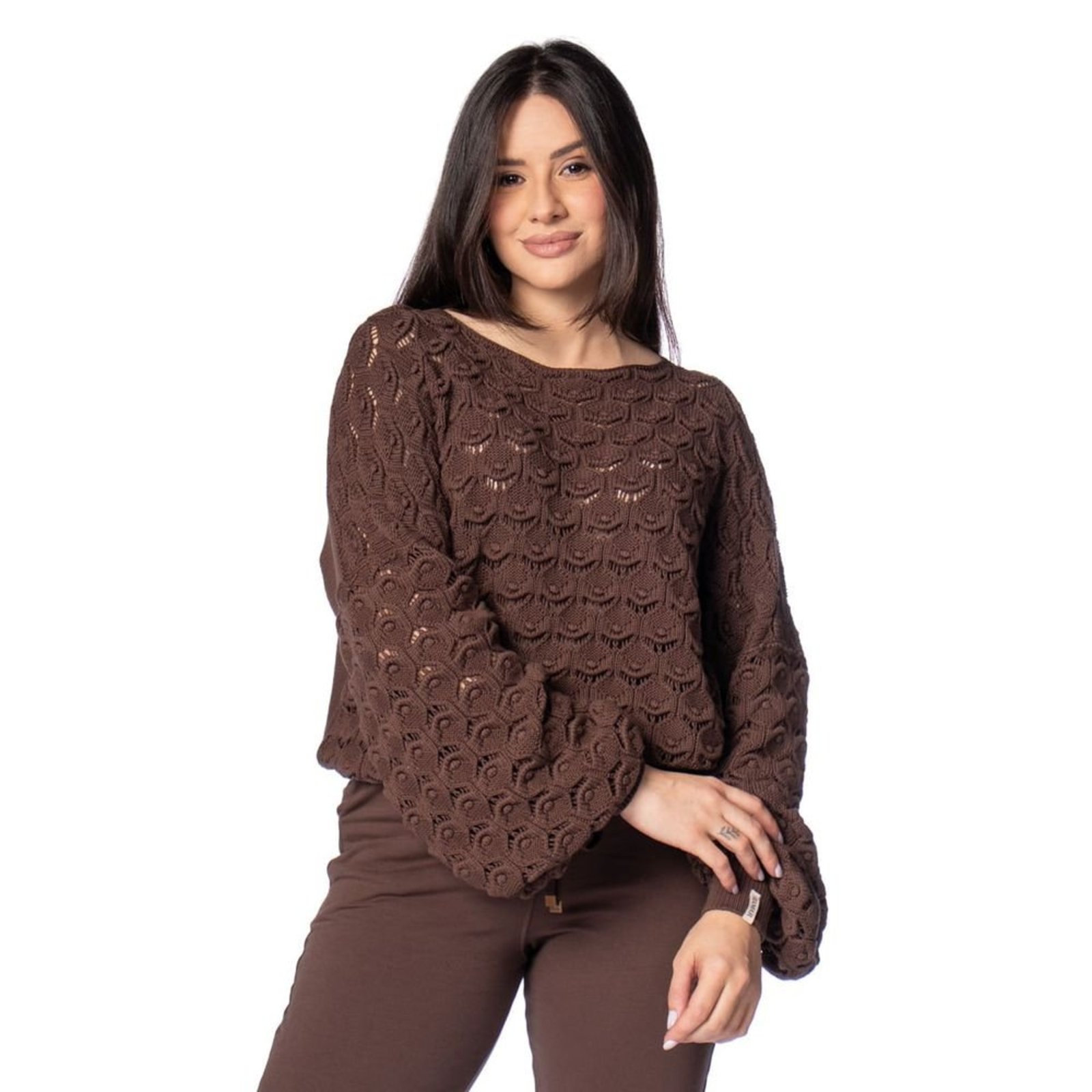 Blusa Feminina Biamar Tricot Ponto Ostra Marrom Escuro