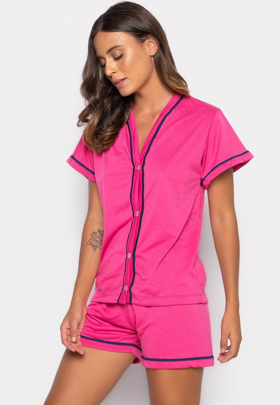 Pijama Mood Modas Curto Baby Doll Americano Blogueirinha Botão Adulto Amamentação 021 Rosa