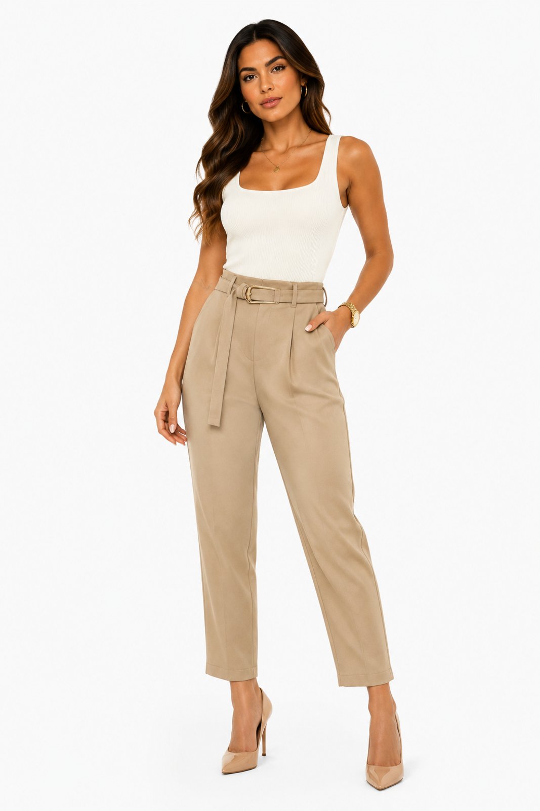 Calça Reta Feminina D Bell Outlet Fashion Alfaiataria Bege Escuro