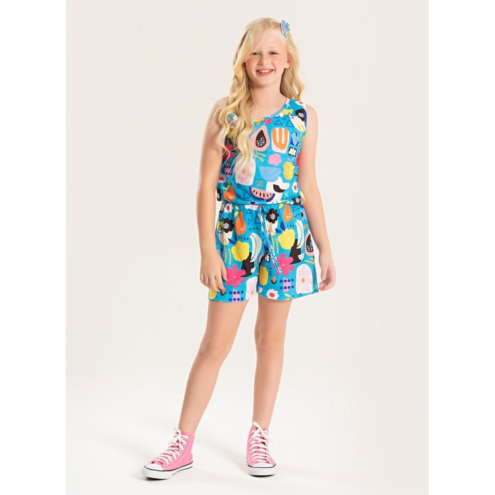 Infantil – Macaquinho Verão Menina Azul Com Laço Aplicado Frutinhas Tropicais
