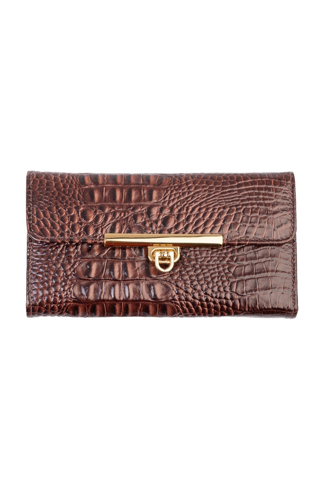 Carteira feminina de couro croco Kate 10,5x19,5cm - Café