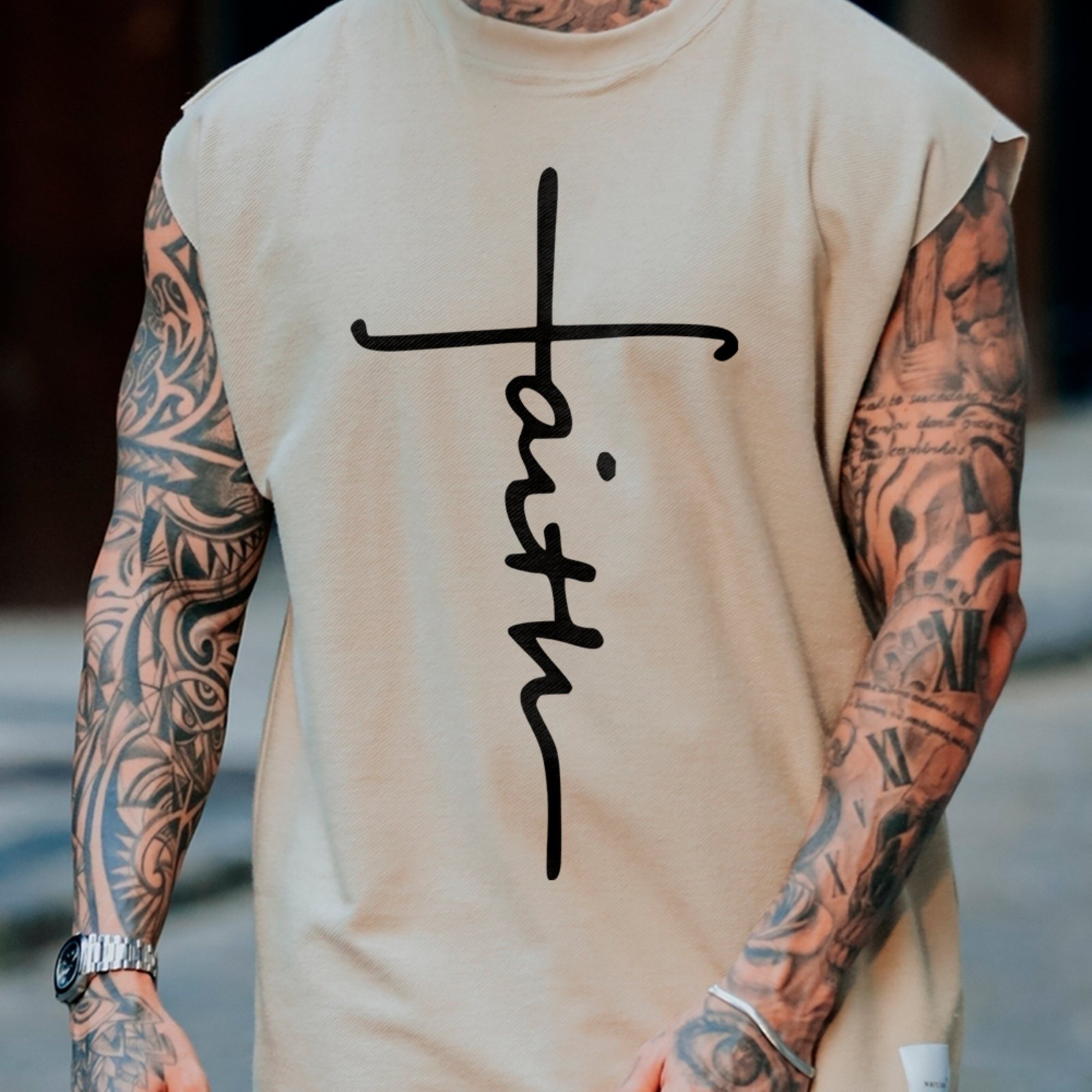 Camiseta Regata Machão Faith Cruz Estilo Minimal Gospel Urbano Off White