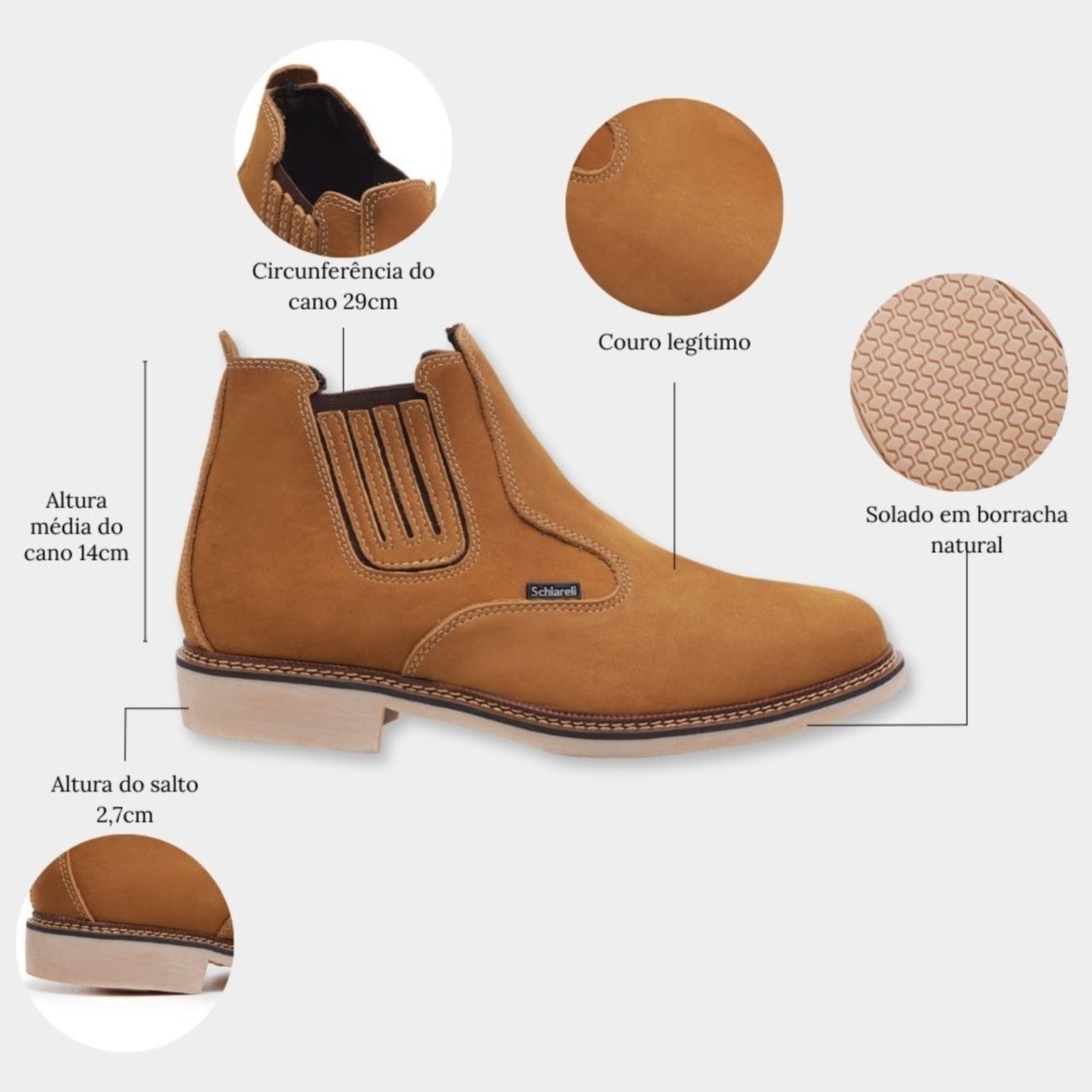Vista 3 Bota Botina Masculina de Couro Sola de Borracha Country Roça Sítio Macia Moderna 525 Castor Schiareli marrom Schiareli marrom
