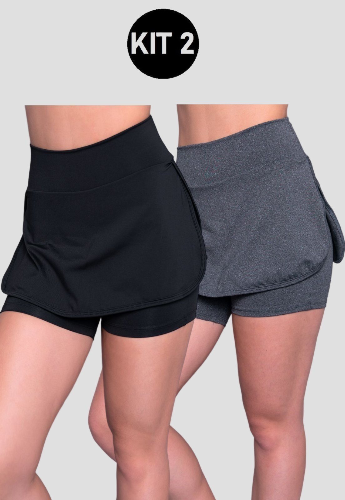 Kit 2 Shorts Saia 4 Estações Fitness Feminino Liso Tapa Bumbum Cintura Alta Cinza/Preto