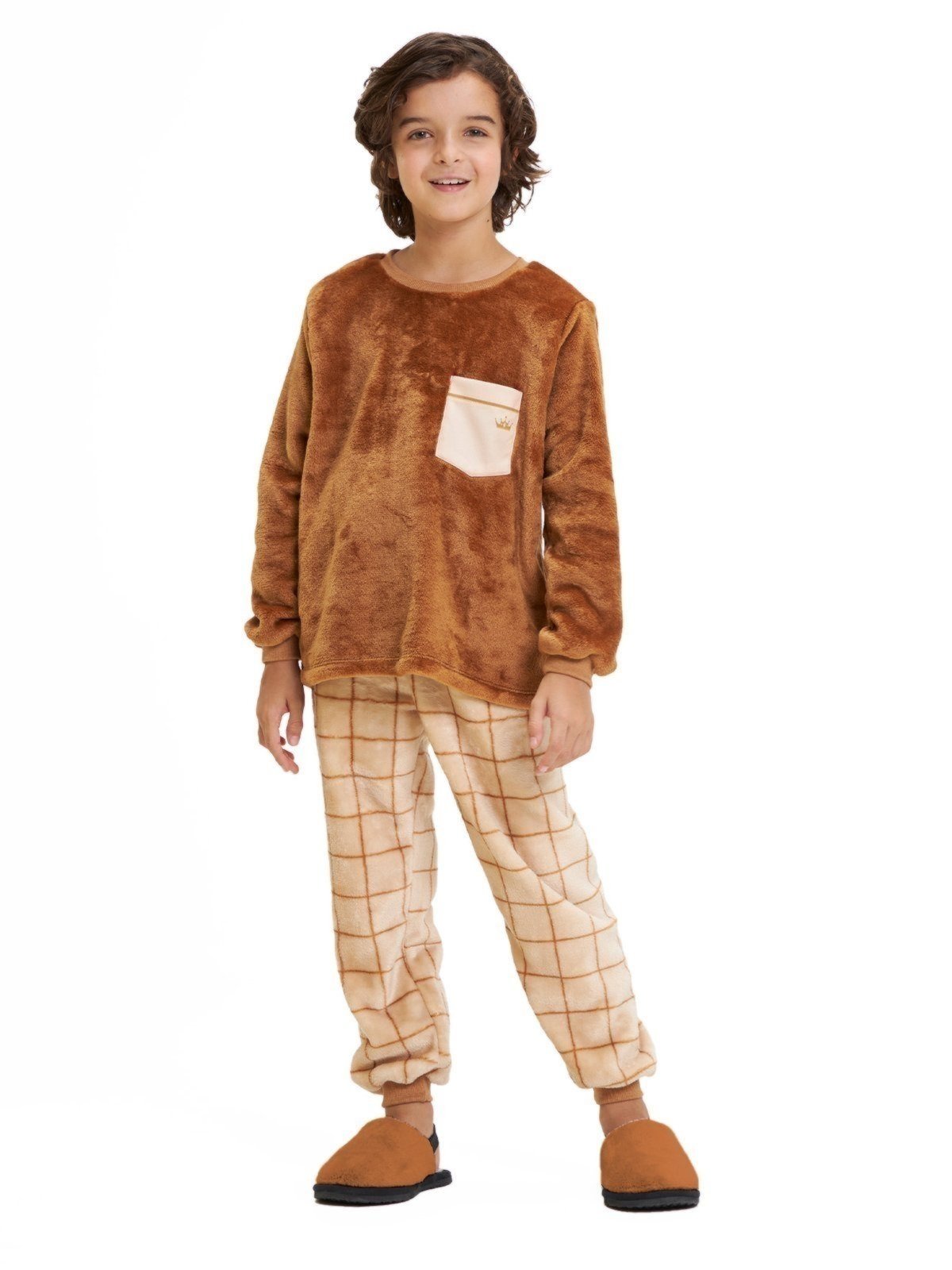 Vista 2 Pijama em Fleece Magicamente Xadrez Fino com Bolso Magicamente Kids marrom Magicamente Kids marrom