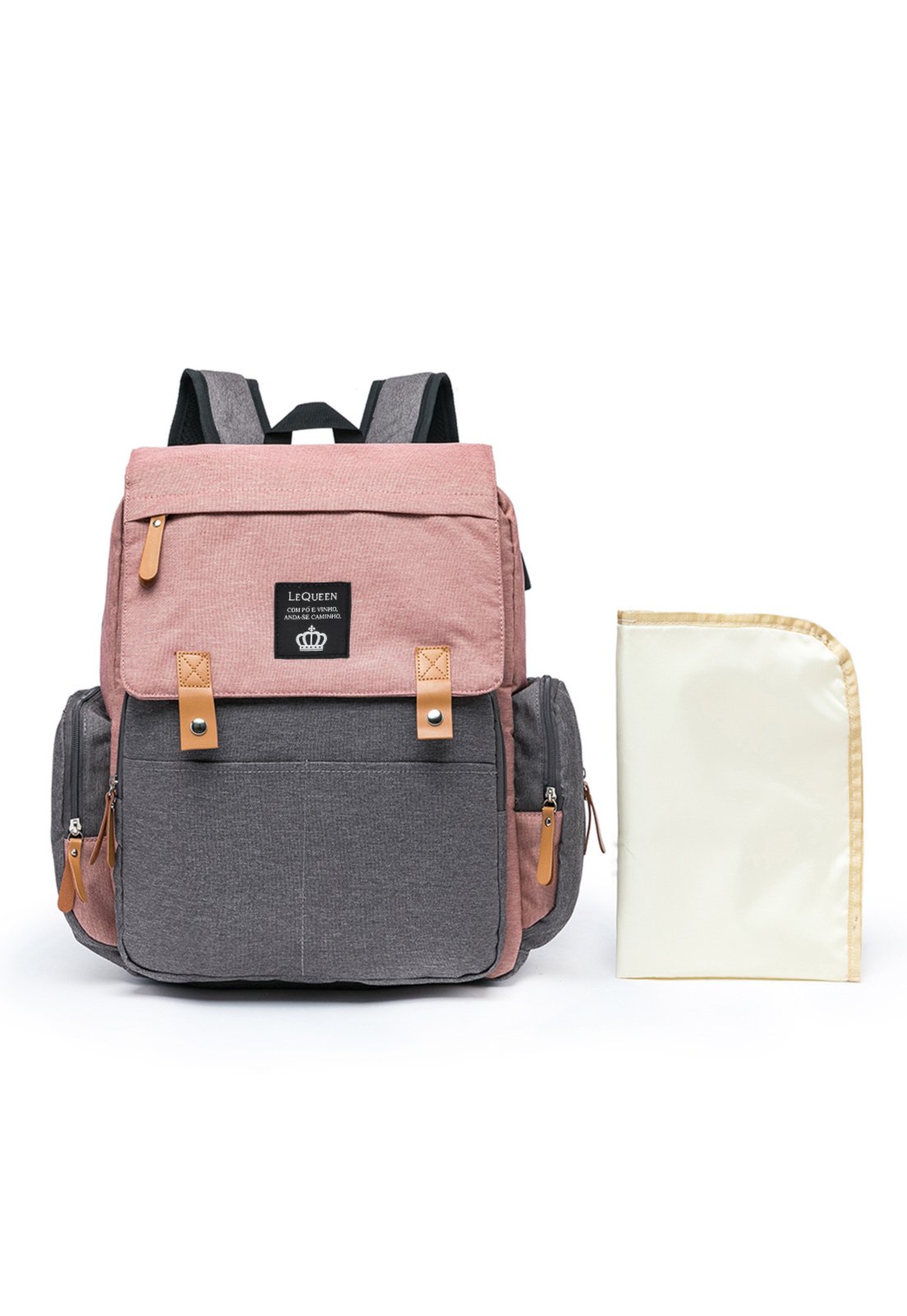 Infantil - Mochila Bolsa Maternidade Feminina Lequeen Menina Menino Bolso Térmico Cinza/Rosa