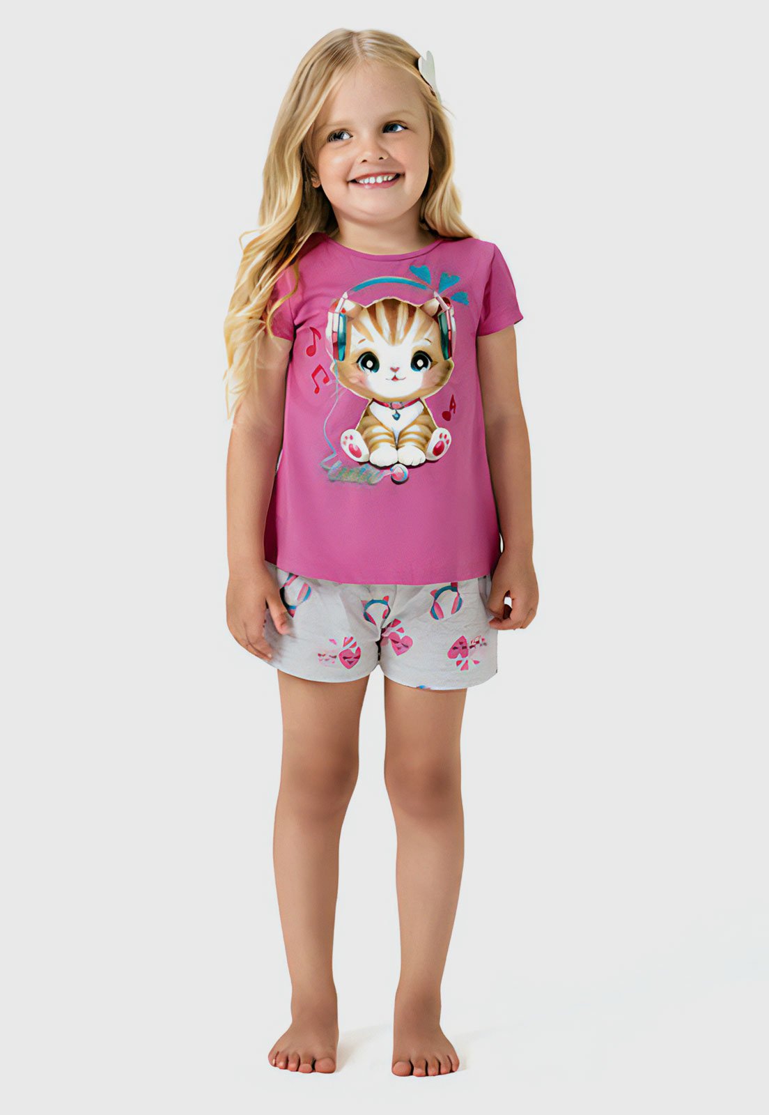Kit Pijama 2pçs Kyly Curto Gatinho Rosa