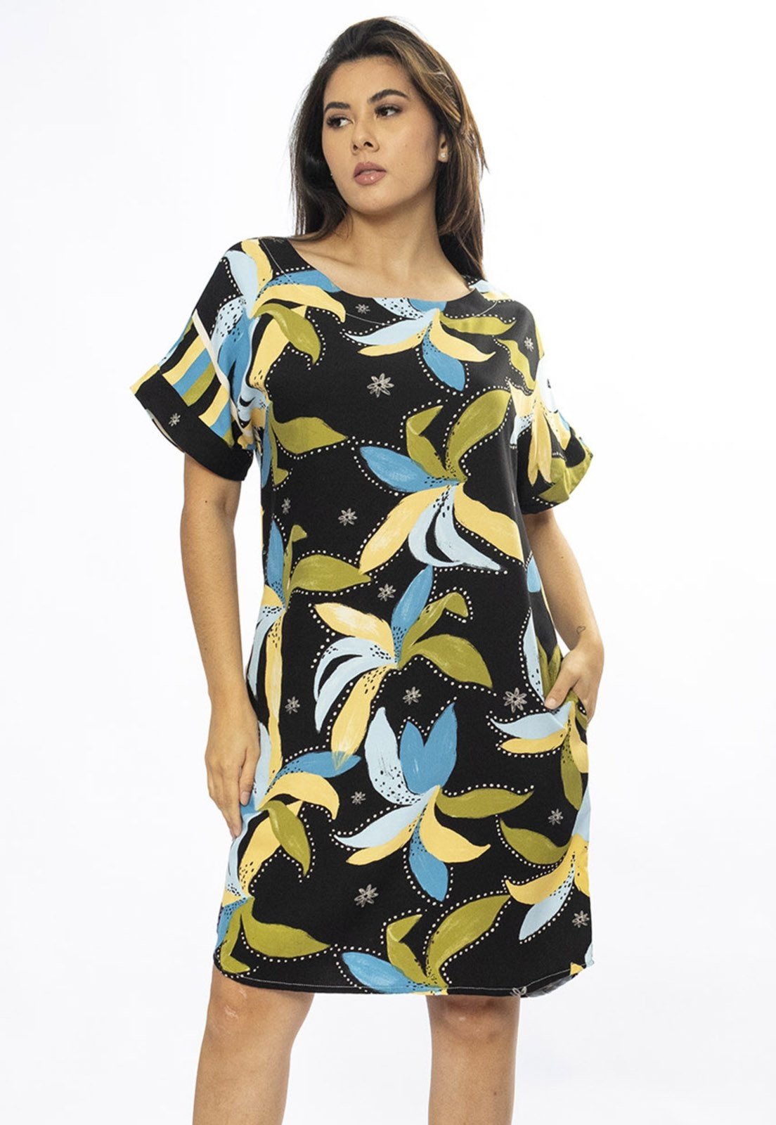 Vestido Curto Cabanafree Viscose com Bolso Estampa Jardim Noturno