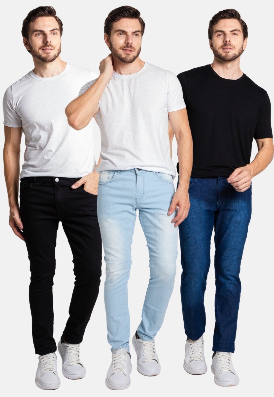 Kit 3 Calças Jeans Skinny Masculina Com Elastano Boen Jeans Preto e Azul