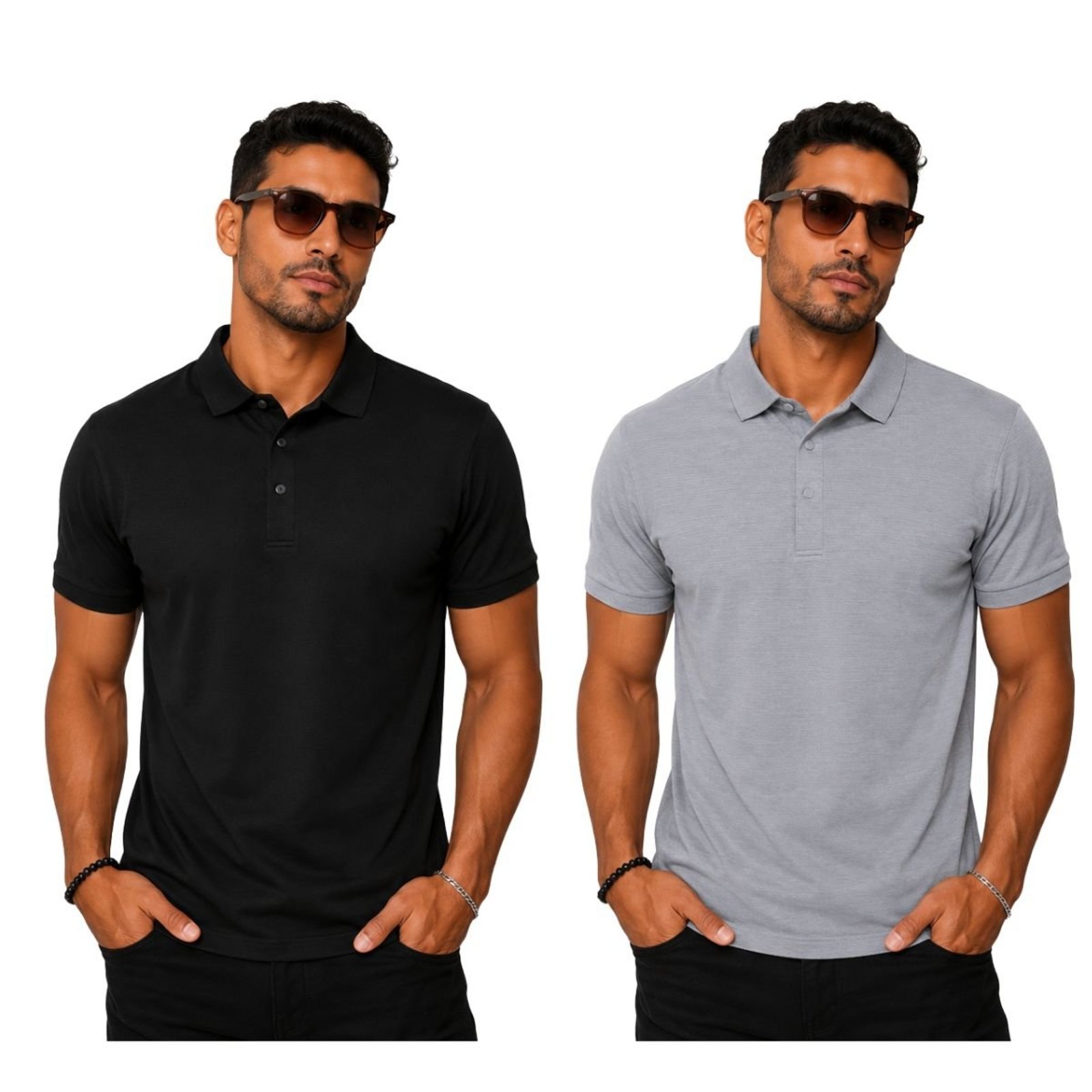 Kit 2 Camisas Polo Masculina Poliamida Premium Preto e Cinza