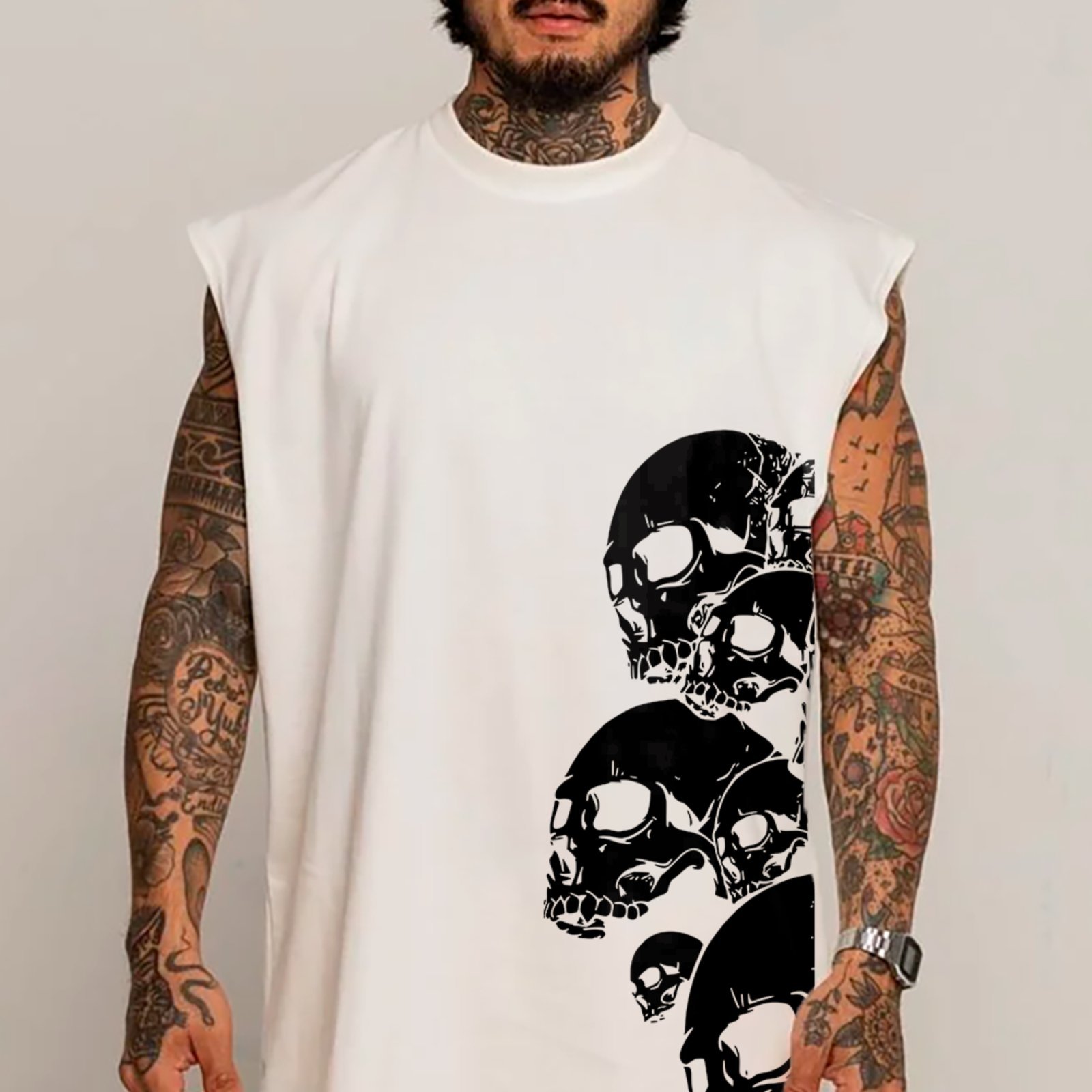 Camiseta Regata Machão Caveira Lateral Dark Style Branco