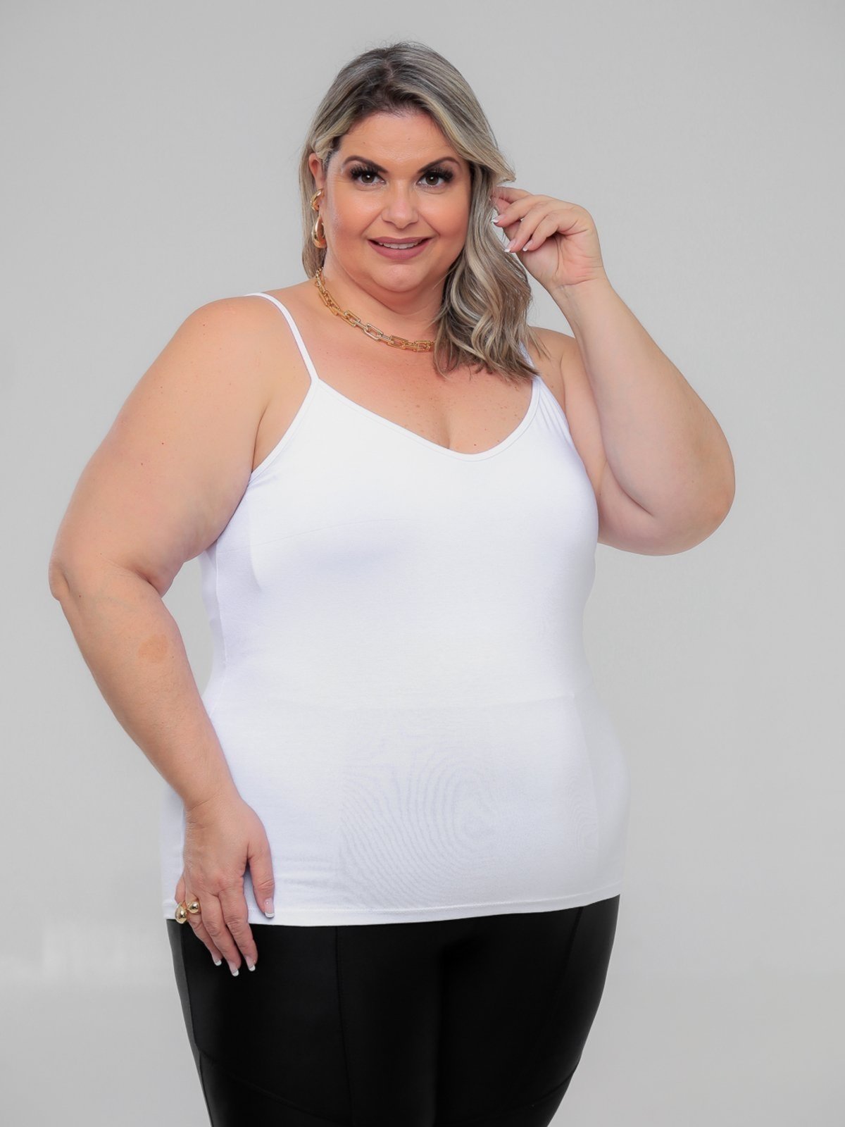 Regata Plus Size Feminina Basica Alcinha Fina Leve Estilo Casual GARAIS MODA Verão Branco OFF