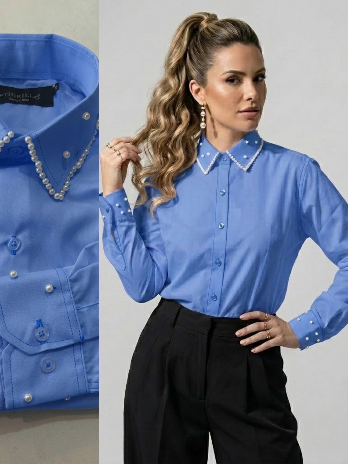 Camisa Social Azul Motorista Feminina com Pérolas no Gola e Punhos Premium | Blusa de Luxo Manga Longa Elegante
