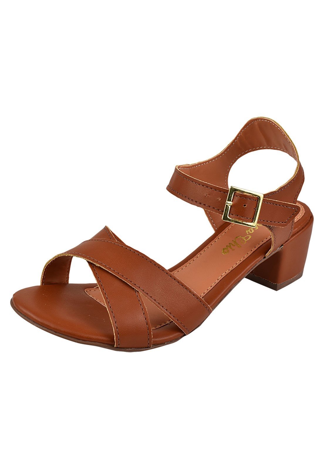Sandália Salto Grosso Rosa Chic Calçados Feminino Salto Baixo Bloco Bico Redondo Caramelo