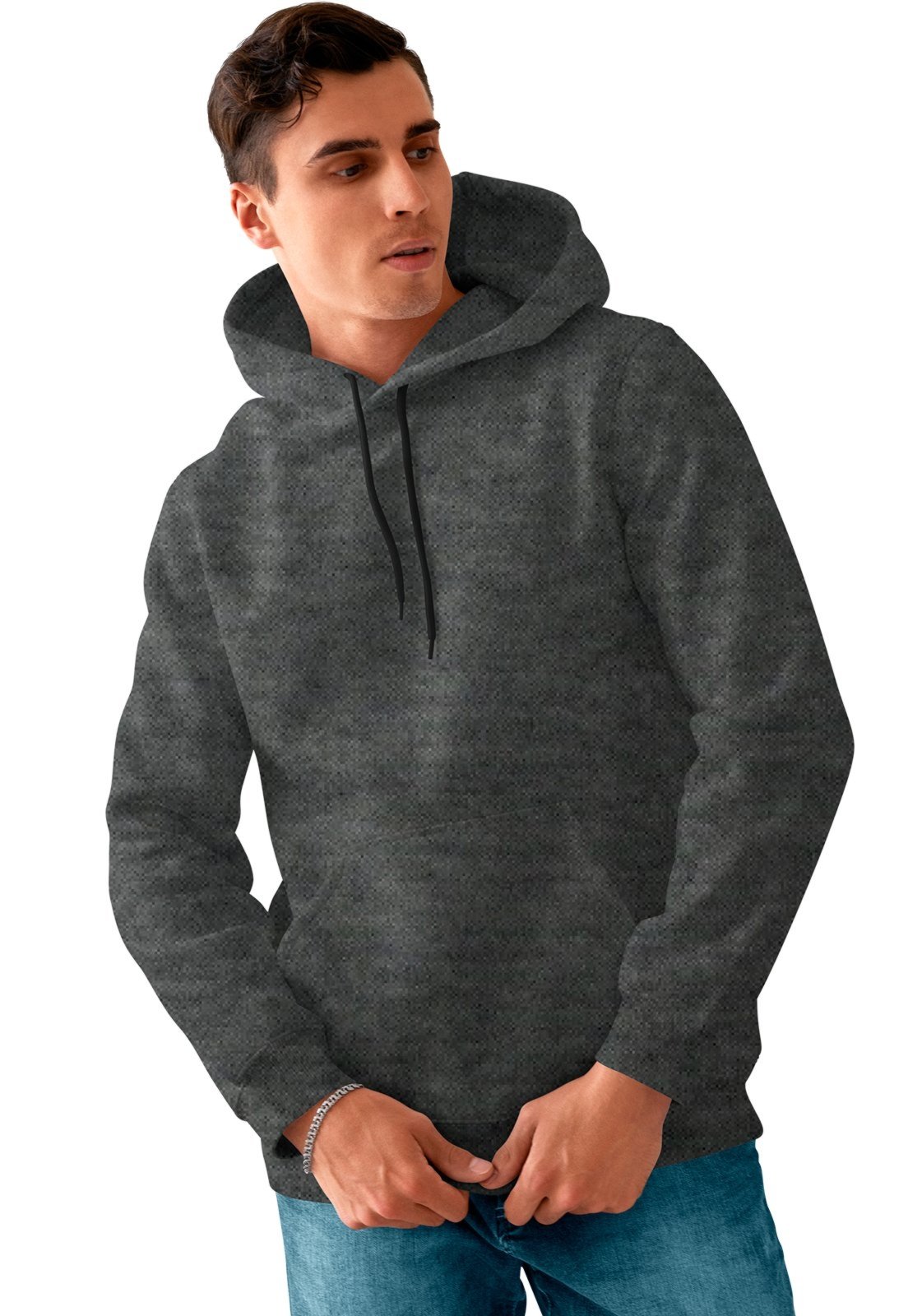 Blusa De Frio Masculina Moletom Liso Com Capuz e Bolso Canguru Felpado Chumbo