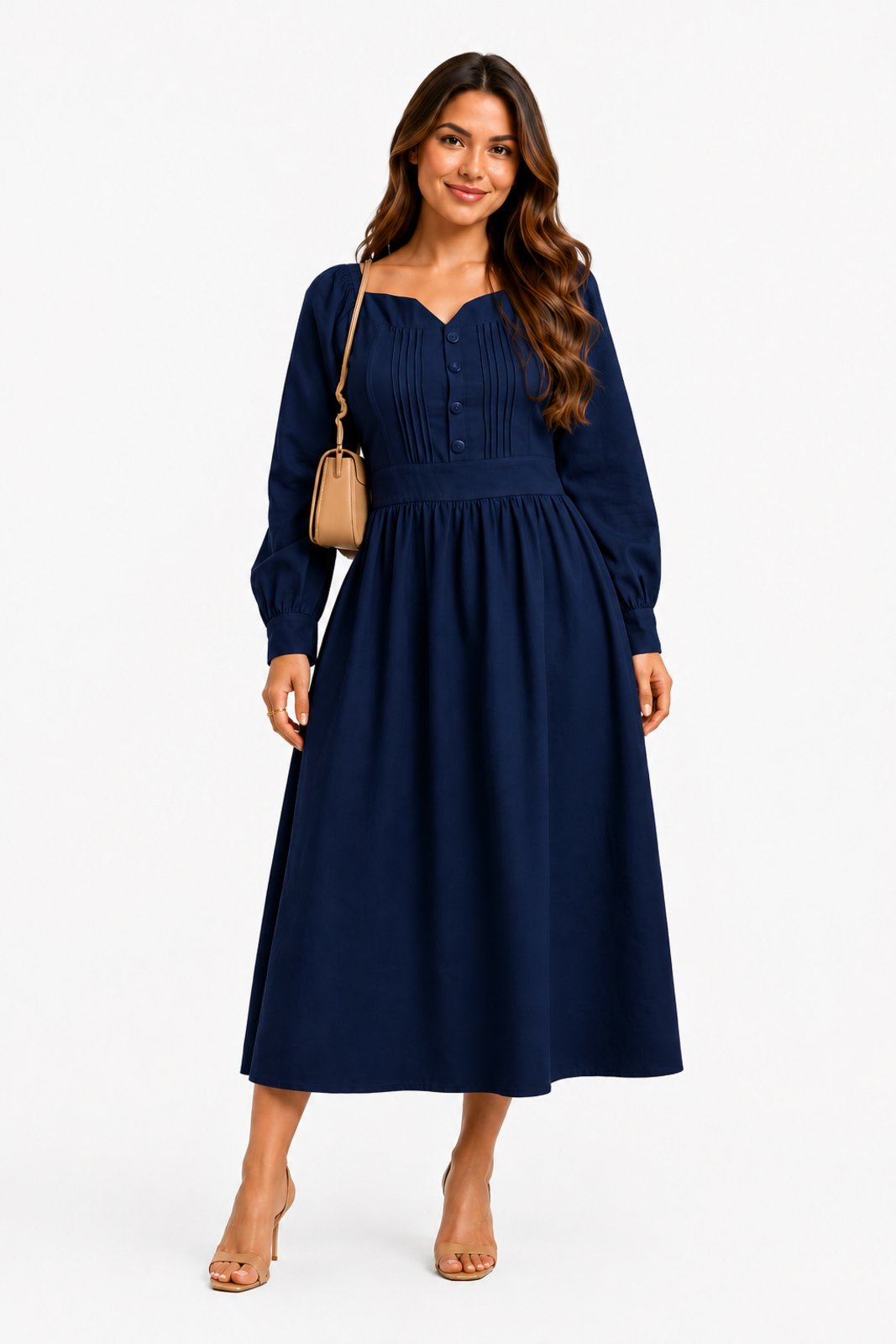 Vestido Midi D Bell Outlet Fashion Feminino Manga Longa Azul Marinho