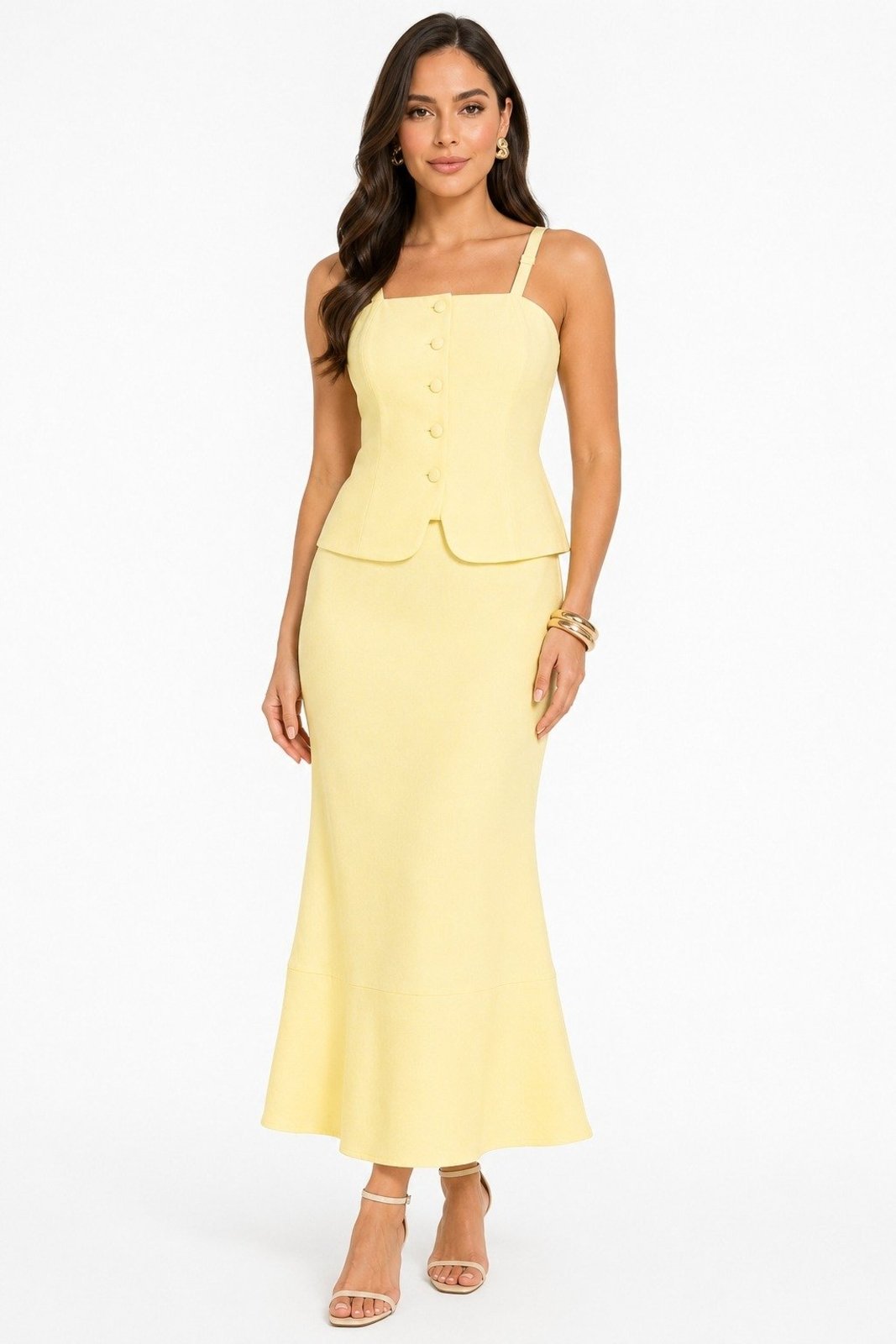 Conjunto D Bell Outlet Fashion Botões Frontais Amarelo Pastel