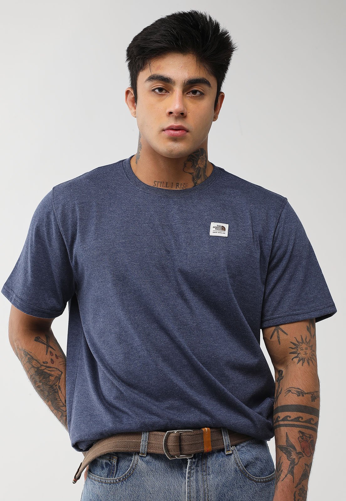 Camiseta Masculina The North Face Heritage Patch Heathered Tee Azul Mescla