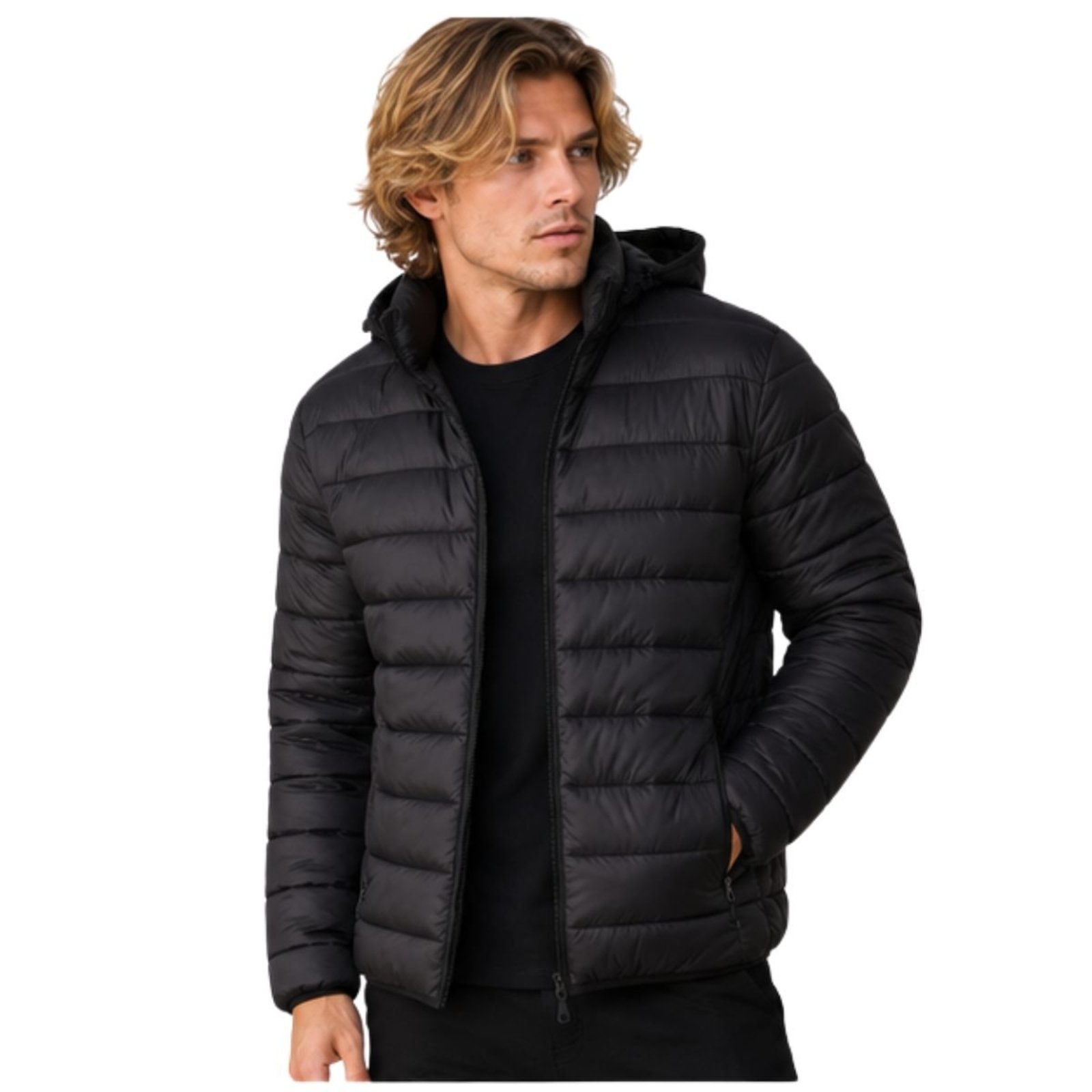 Jaqueta Masculina Puffer Acolchoada Inverno Premium Com Zíper Preto