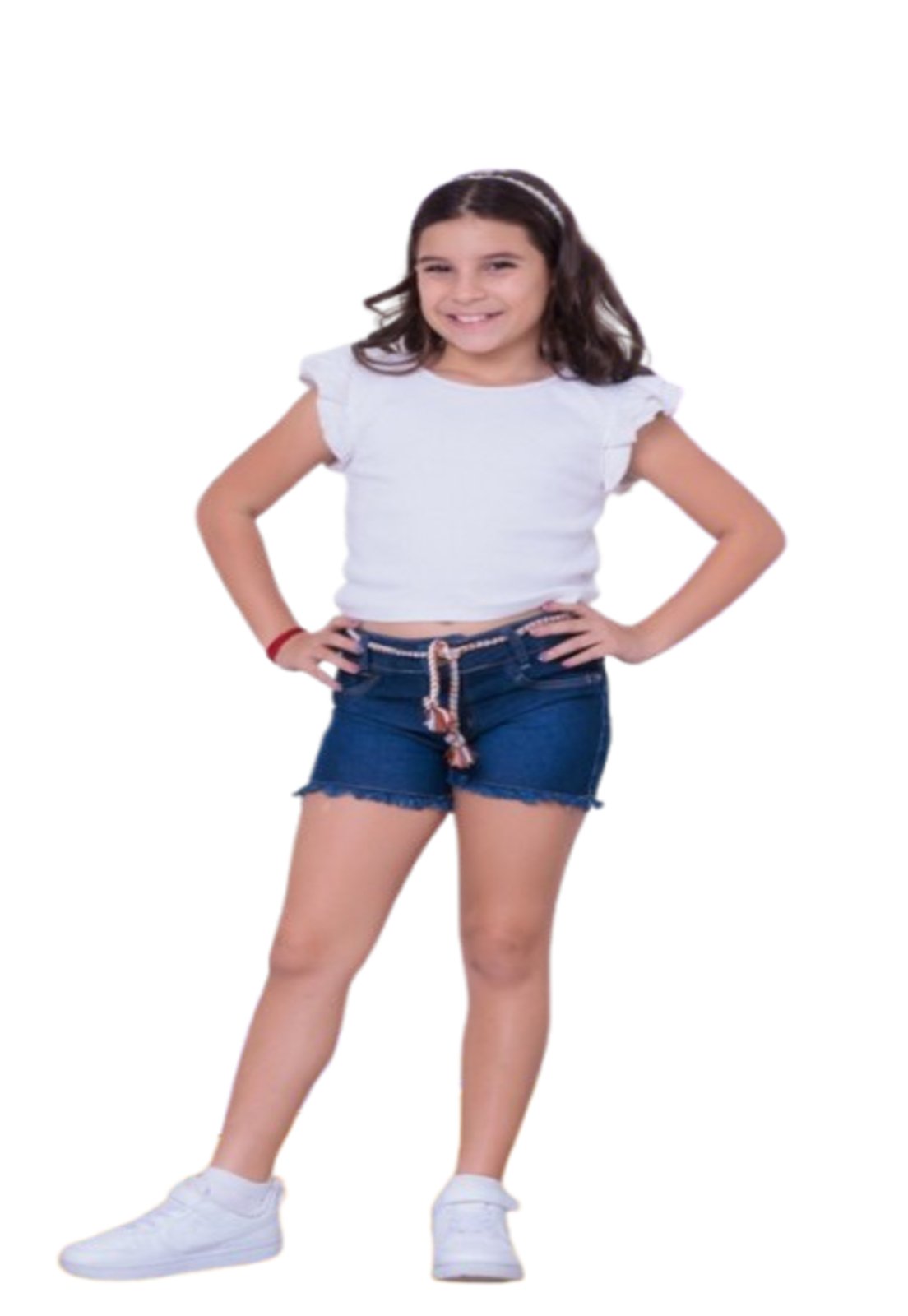 Infantil - Shorts Jeans Azul Cinto Decorativo Barra Desfiada