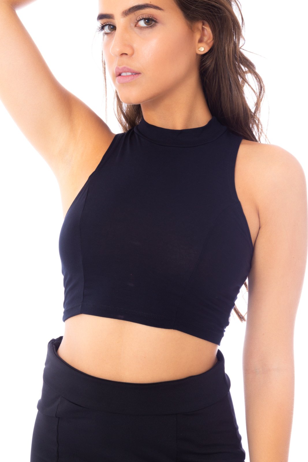 Blusa Cropped Moda Vicio Gola Alta Com Recorte Preto