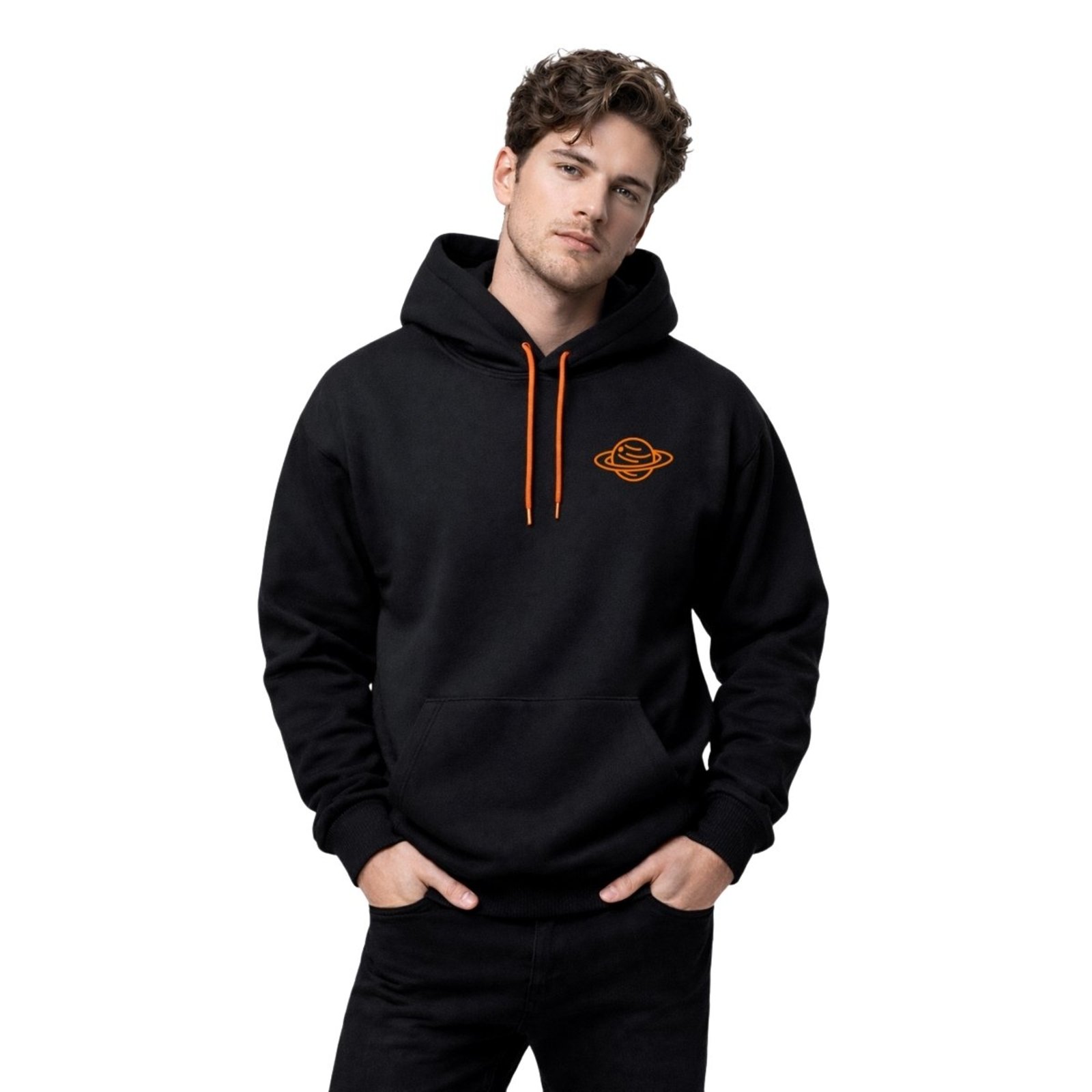 Blusa de Moletom Relaxado Canguru Com Capuz Macio Quente Estampa Saturno