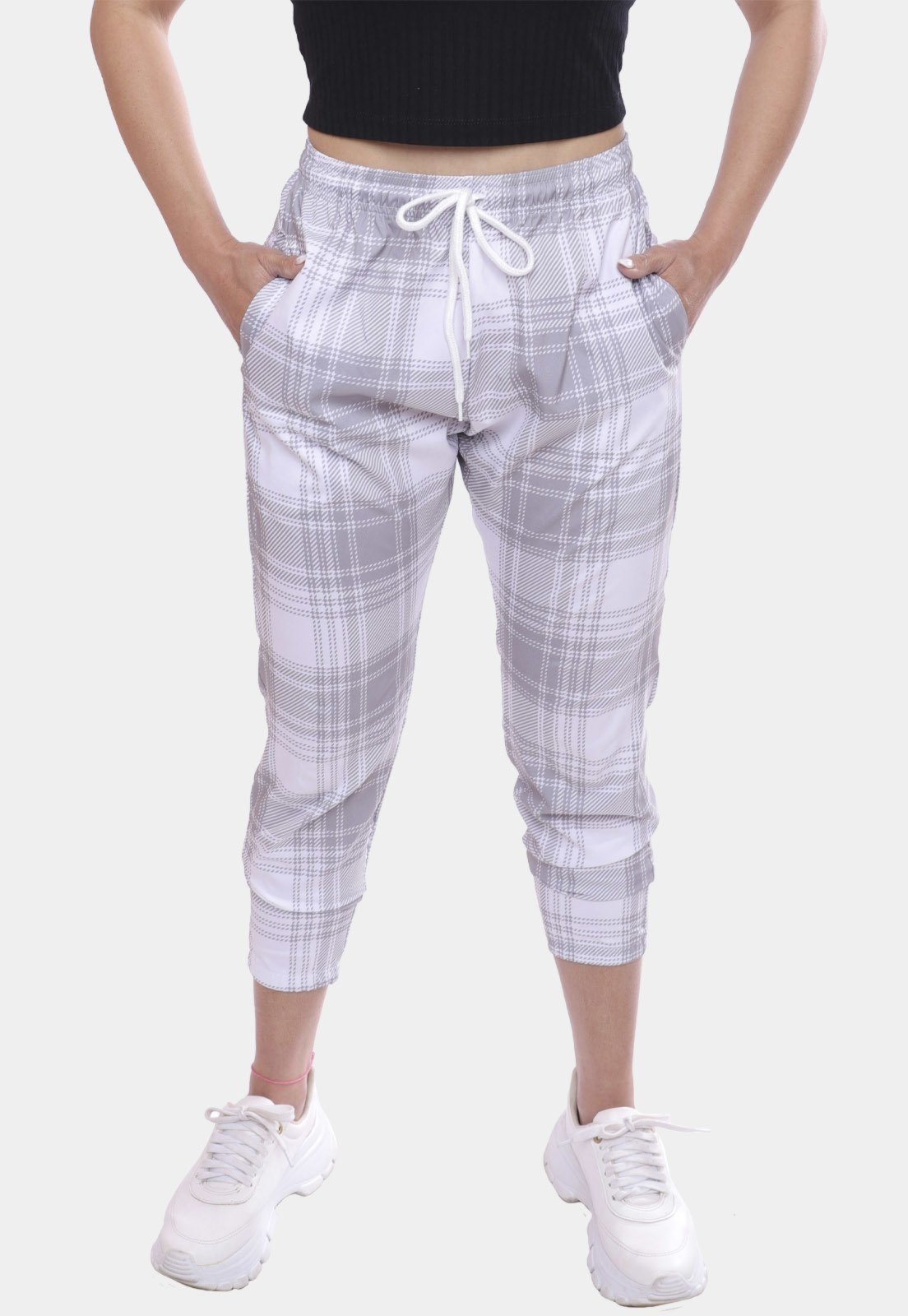 Calça Feminina Jogger Treino Academia Casual Esportiva Tactel Treino 3 Bolsos Xadrez Cinza/Branco