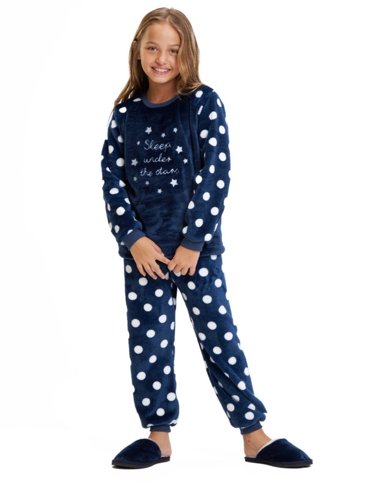 Pijama em Fleece Magicamente Poá Azul Estrelas