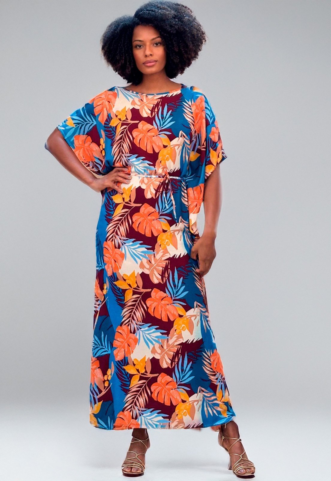 Vista 2 Vestido Amazonia Vital Kaftan Viscose Longo Estampa Aurora Profunda Amazonia Vital azul/estampado/laranja