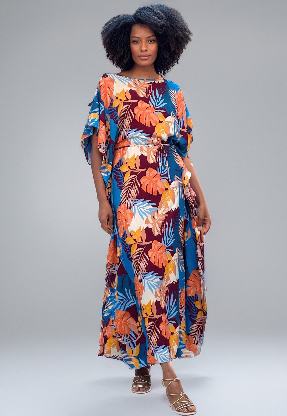 Vista 3 Vestido Amazonia Vital Kaftan Viscose Longo Estampa Aurora Profunda Amazonia Vital azul/estampado/laranja
