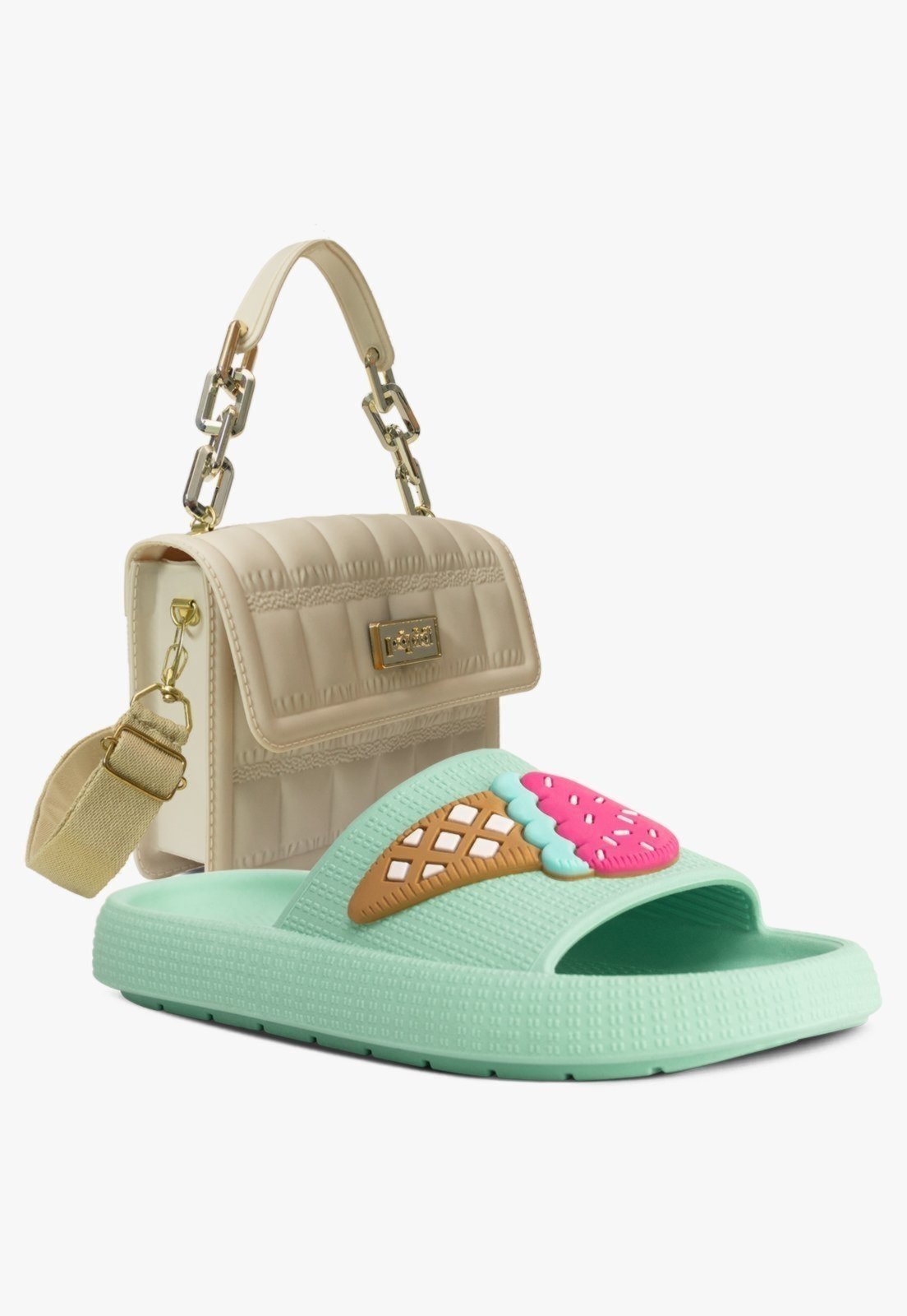 Infantil - Kit Bolsa e Chinelo Slide Sandália Juvenil Menina Pópidi Verde/Offwhite