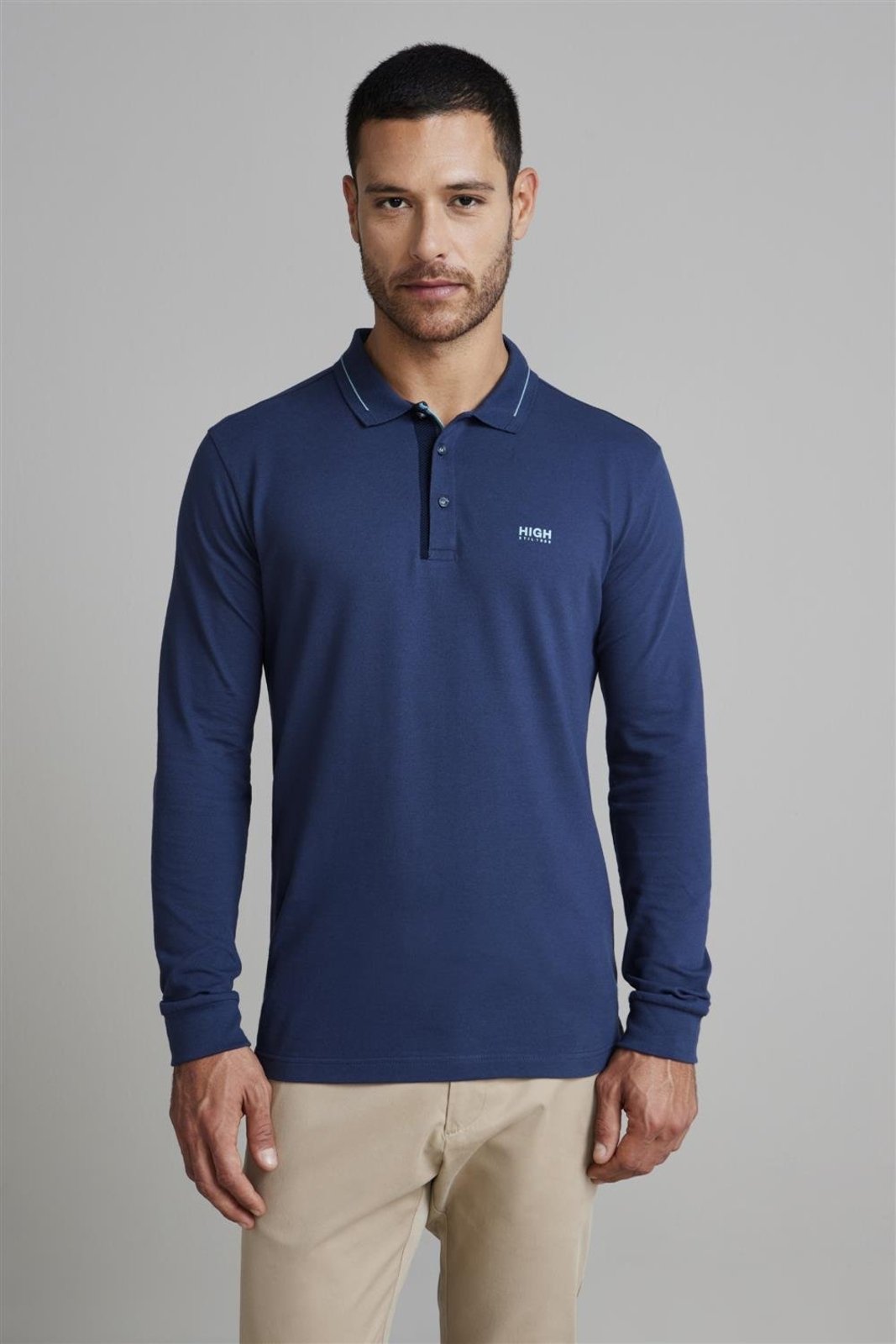 HIGHSTIL Camisa Polo Manga Longa Piquet Slim Fit – Azul Petróleo