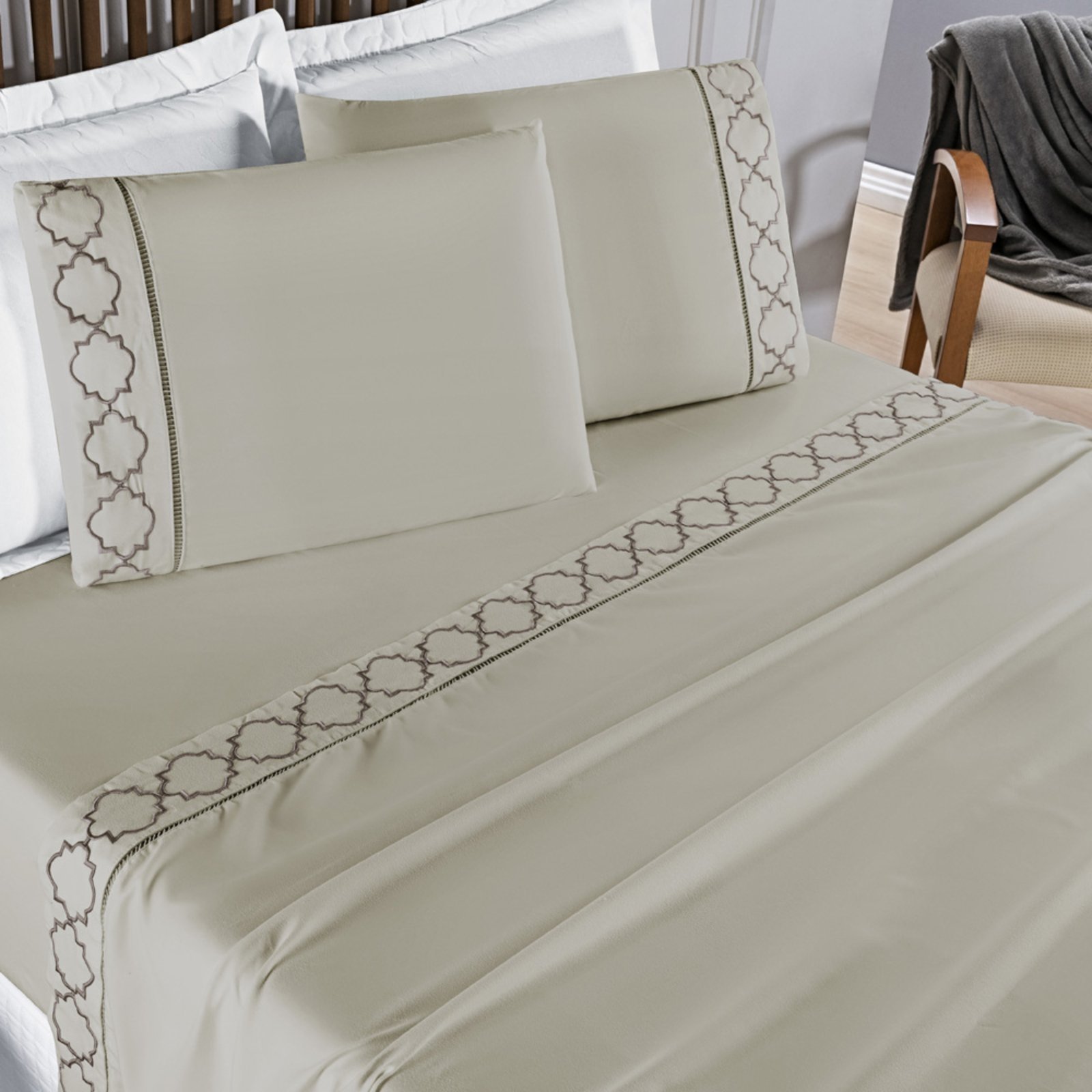 Jogo Cama Lençol Casa Scarpa Santoro Casal Padrão Micropercal 300 Fios 4 Peças – Bege