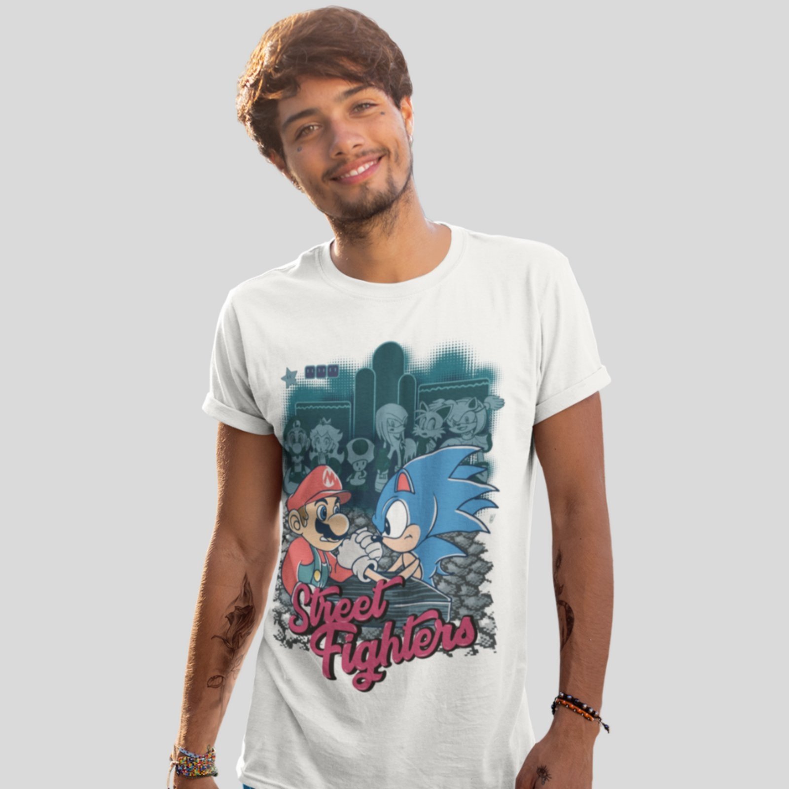 Camiseta Masculina Estampada Algodão Personagens Sonic Mário Bros