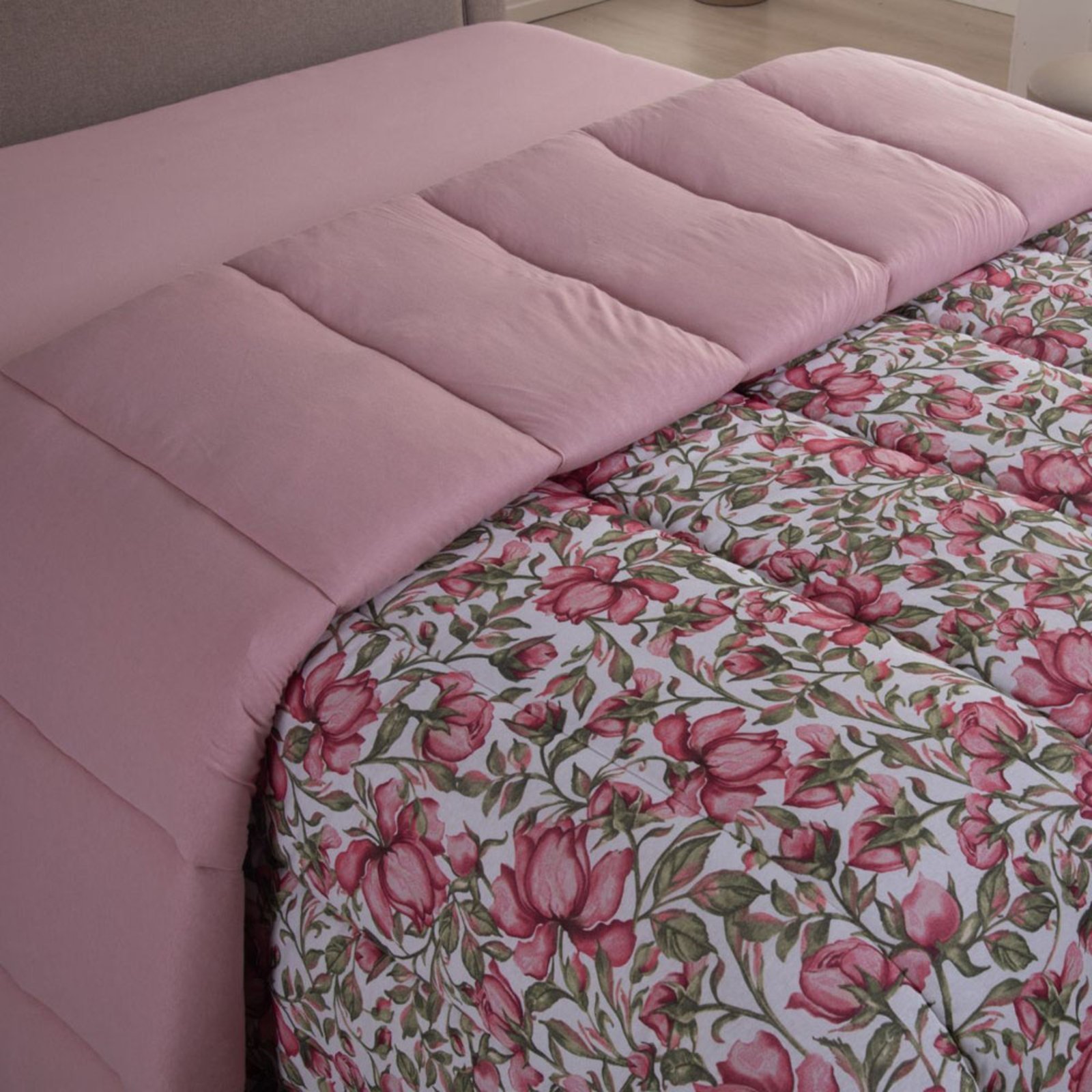 Edredom Cobertor Casa Scarpa Sonnet Queen Malha Estampada Dupla Face Algodão - Flores - Rosê