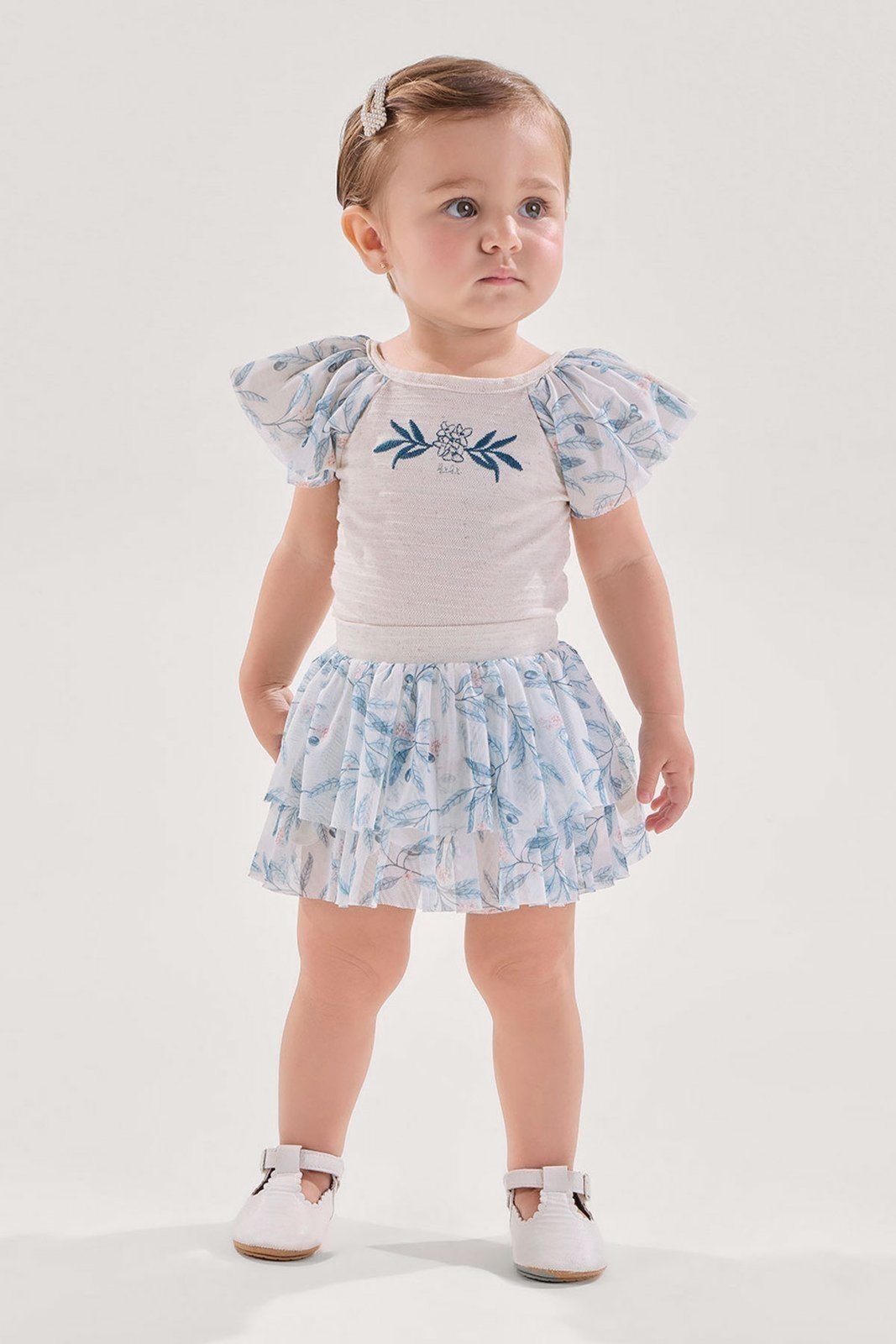 Infantil - Conjunto Body Off Texturizado com Saia em Tule Azul