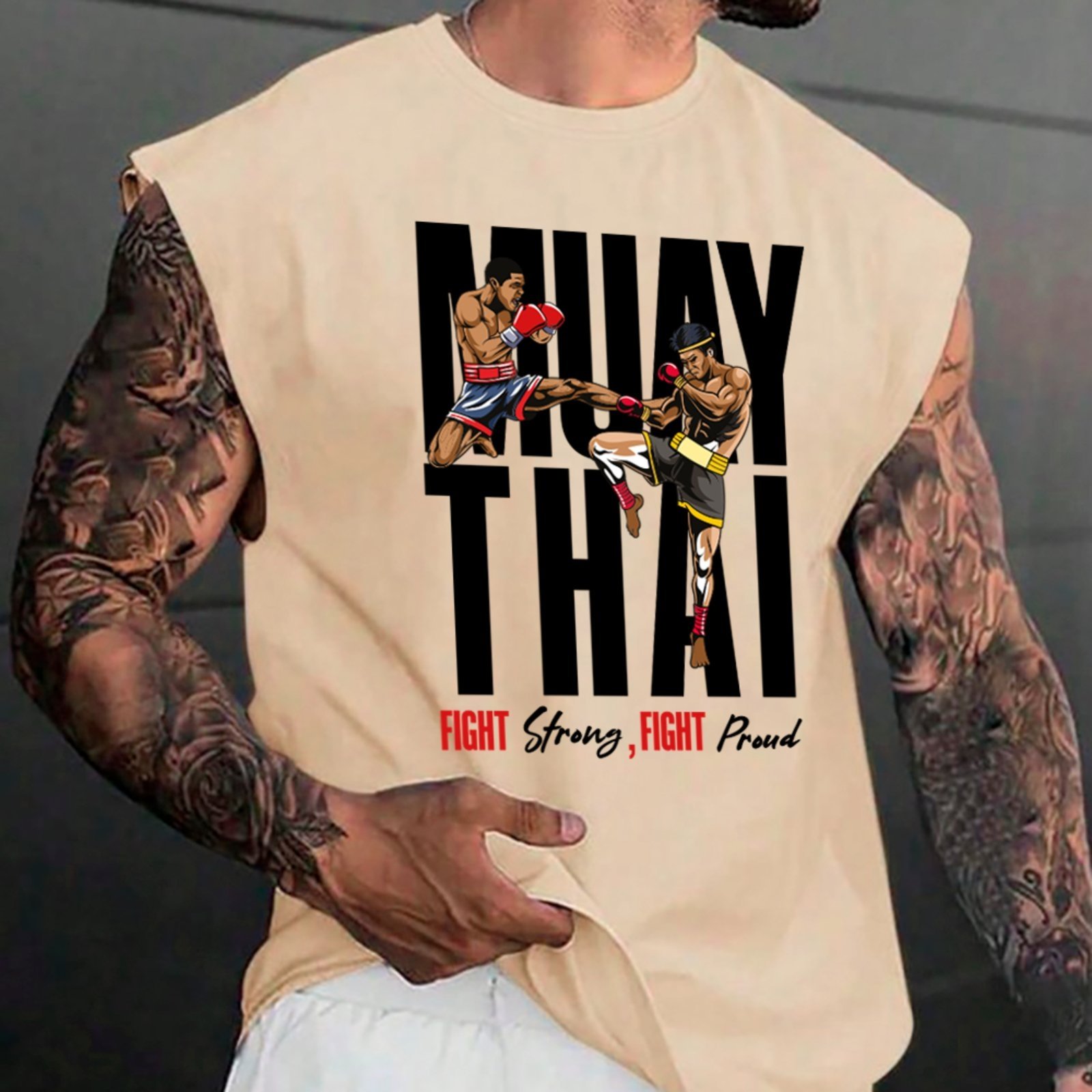 Camiseta Regata Machão Ousy Muay Thai Fight Strong Oversized Masculina Off White