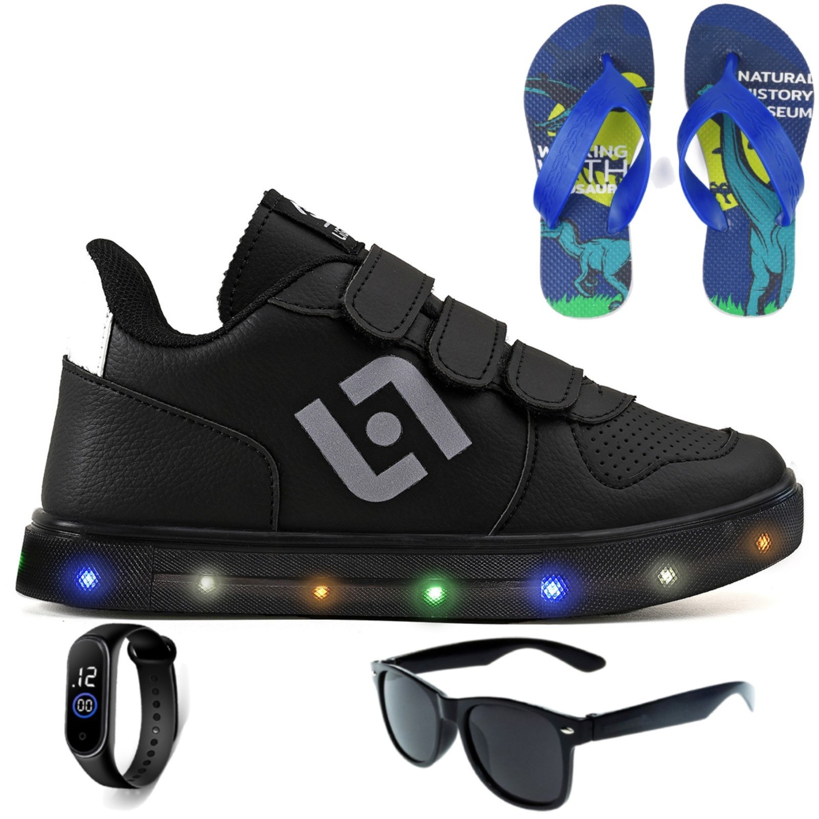 Infantil – Tenis Casual Escolar Sapatenis Homem Street Calce Facil + Chinelo Oculos Relogio