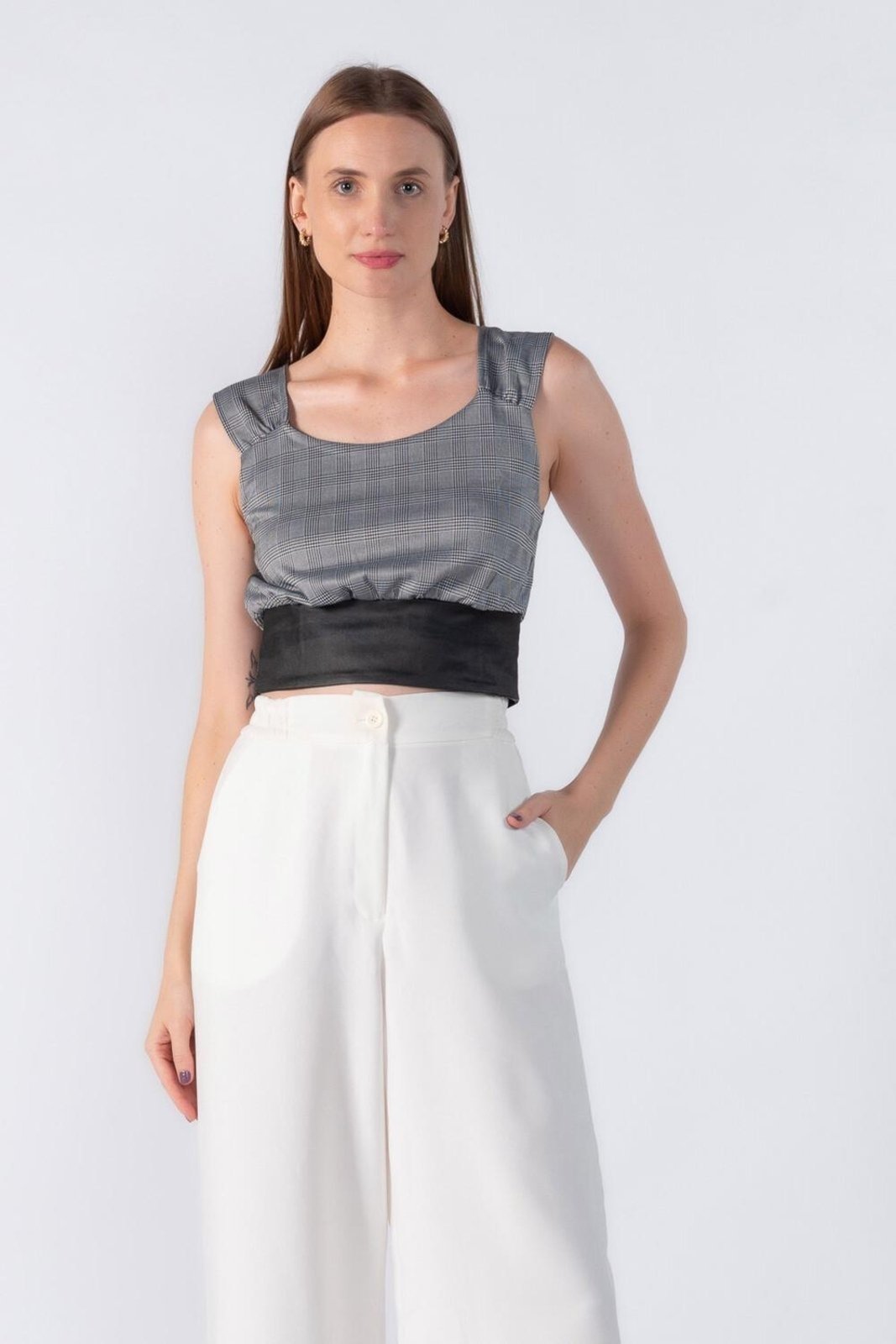 Cropped Lamis xadrez com alca Cinza