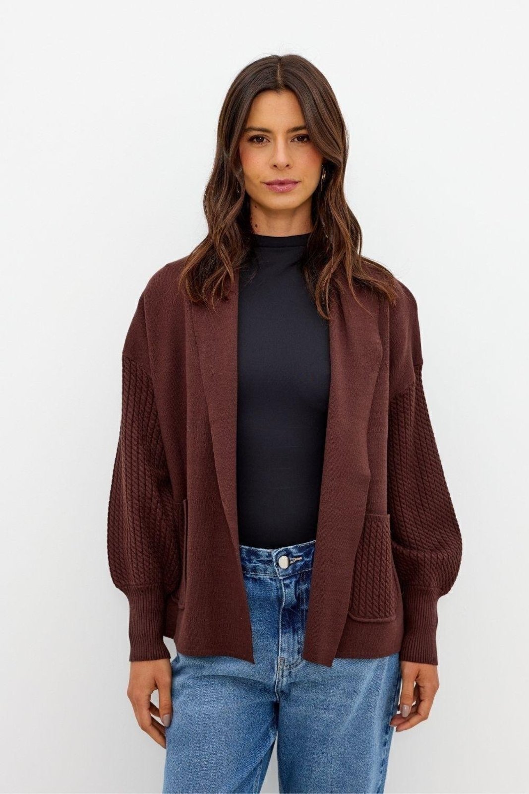 Cardigan Manga Longa Sem Abotoamento Ritmi Studio Marrom