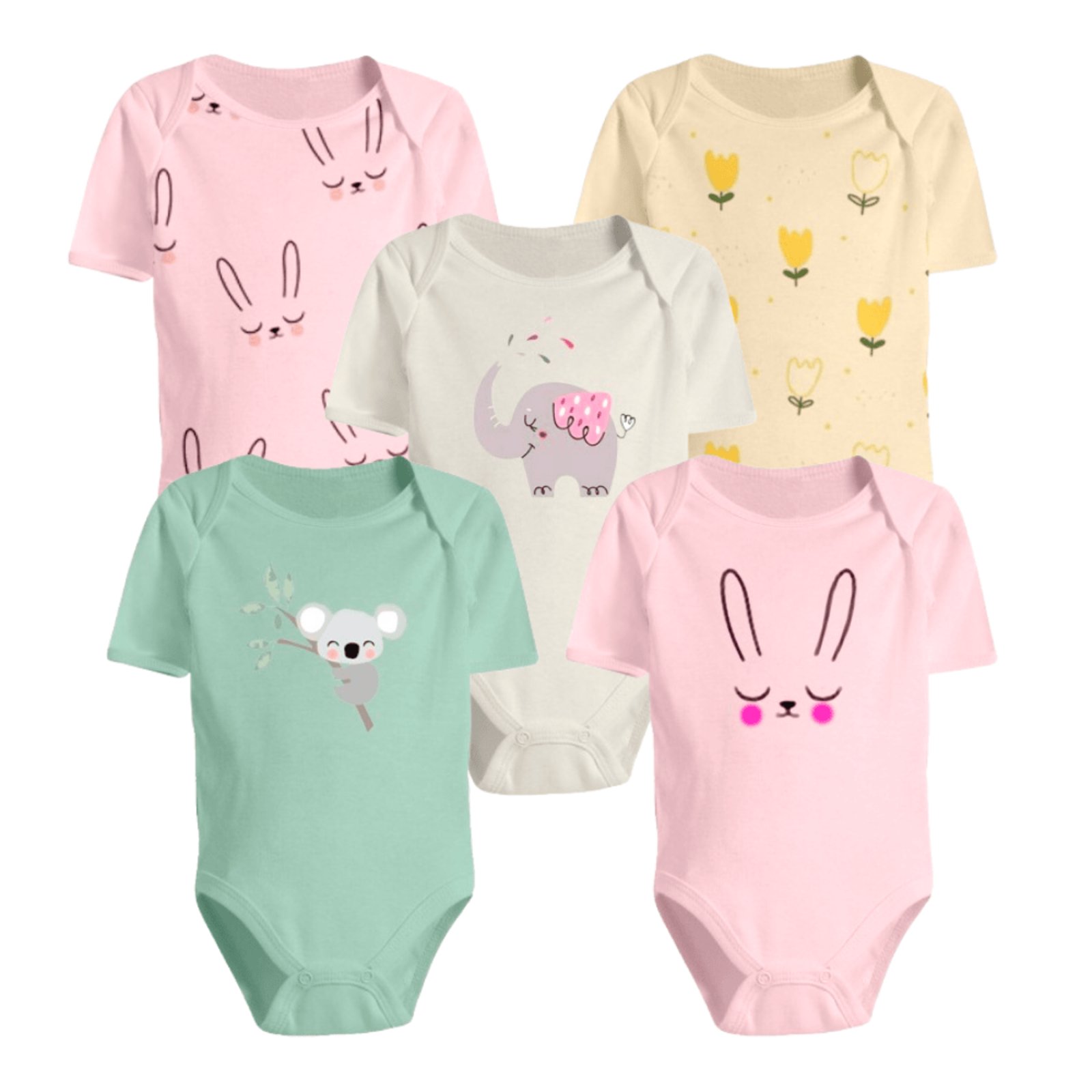 Infantil - Kit Enxoval Roupa de 5 Peças Body Manga Curta Estampado Rosa
