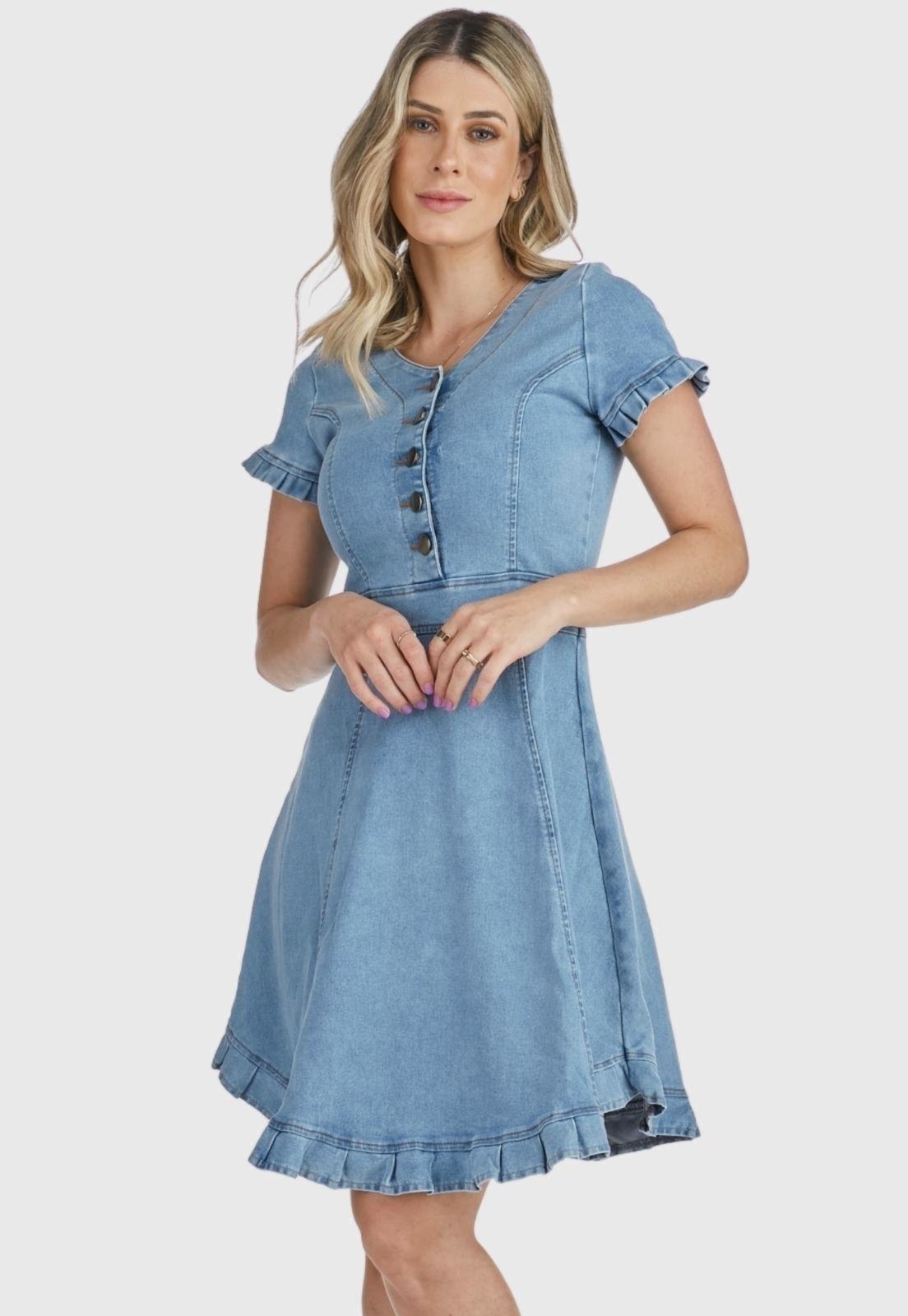 Vestido HNO Jeans Midi Manga Curta Babados na Barra e Manga Azul