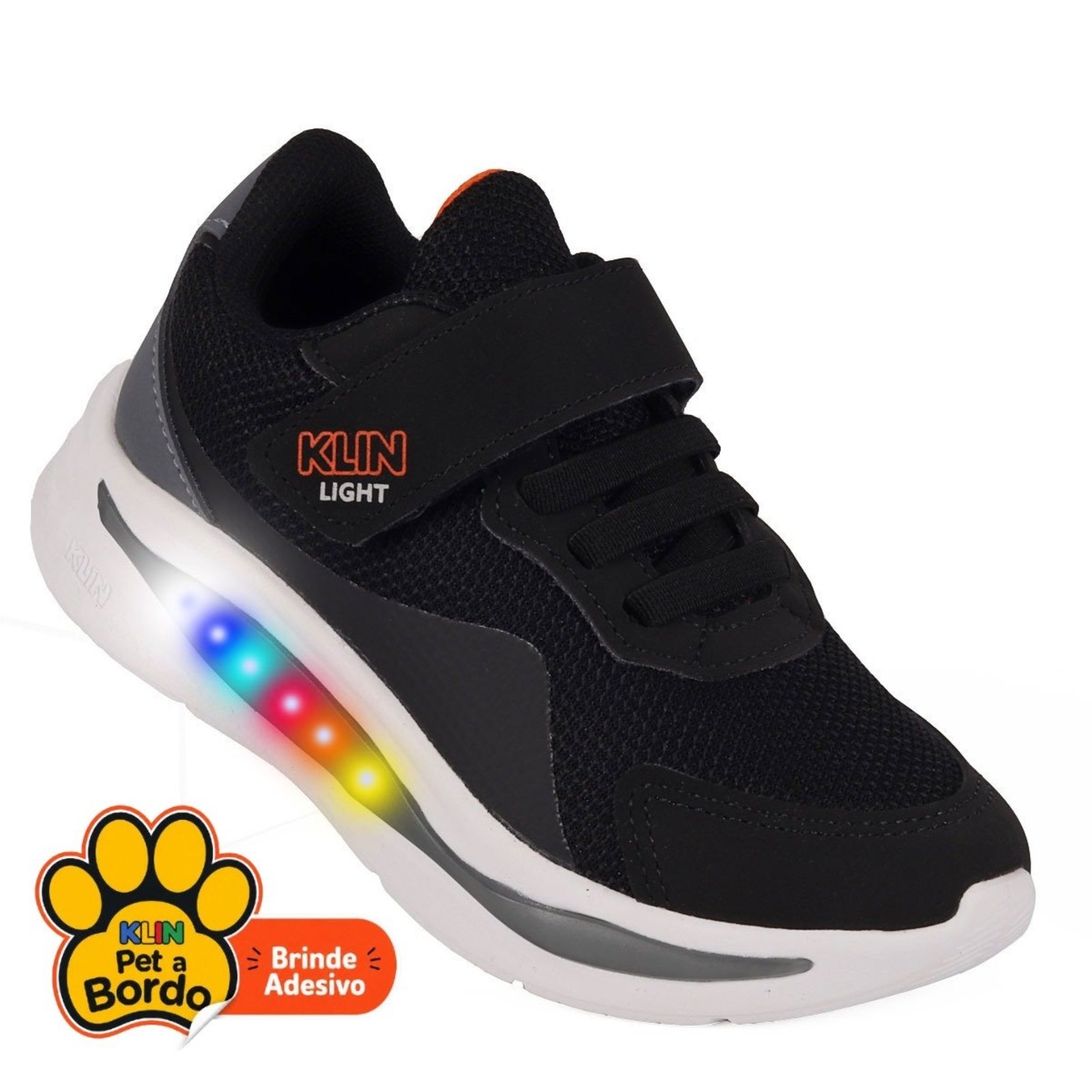 Infantil - Tênis Klin Flash com LED e Fechamento em Fita Dupla Aderente - Preto/Laranja