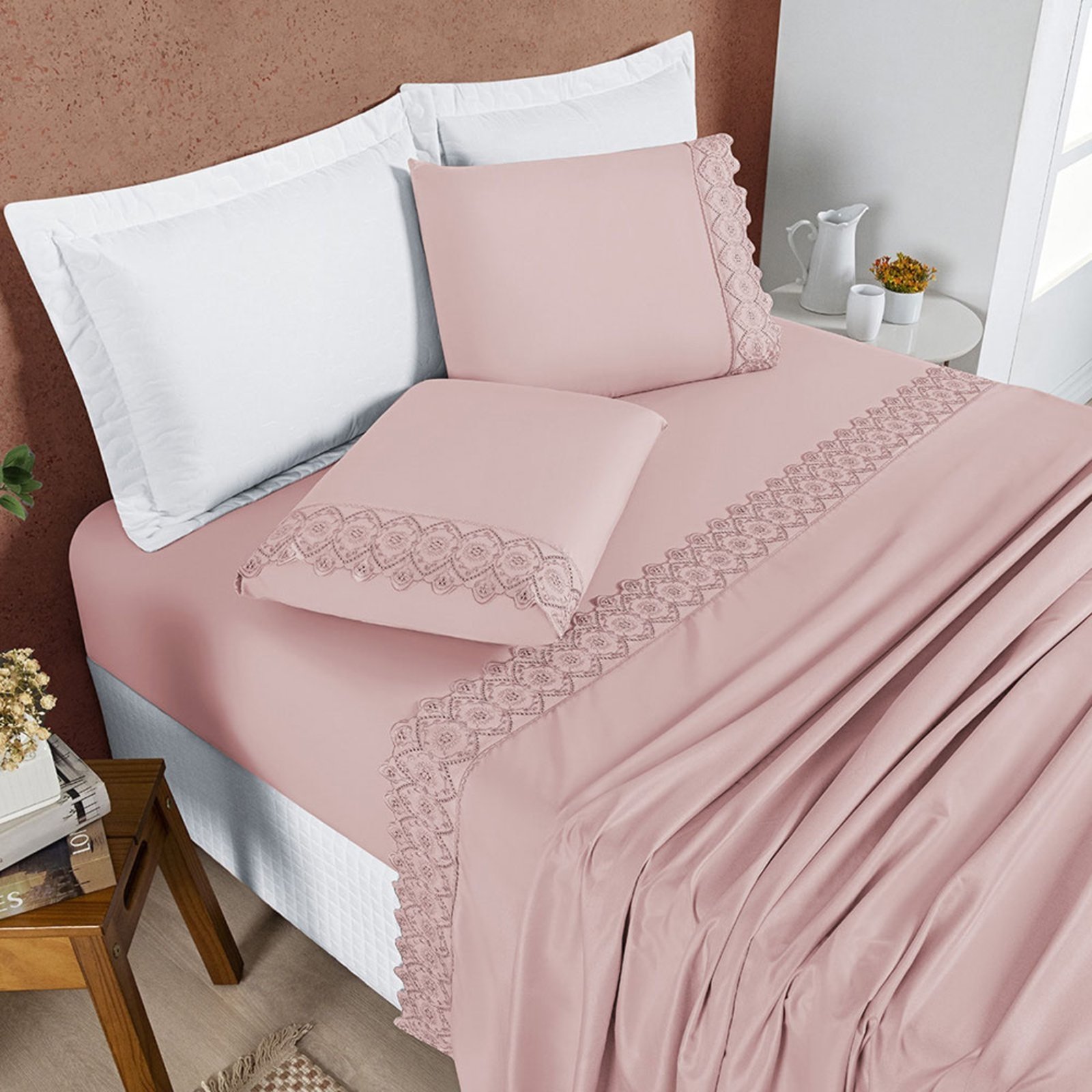 Jogo Cama Lençol Casa Scarpa Bouclê Casal Padrão Micro Percal 200 Fios c/ Laise Bordada 4 Peças - Sal Rosa