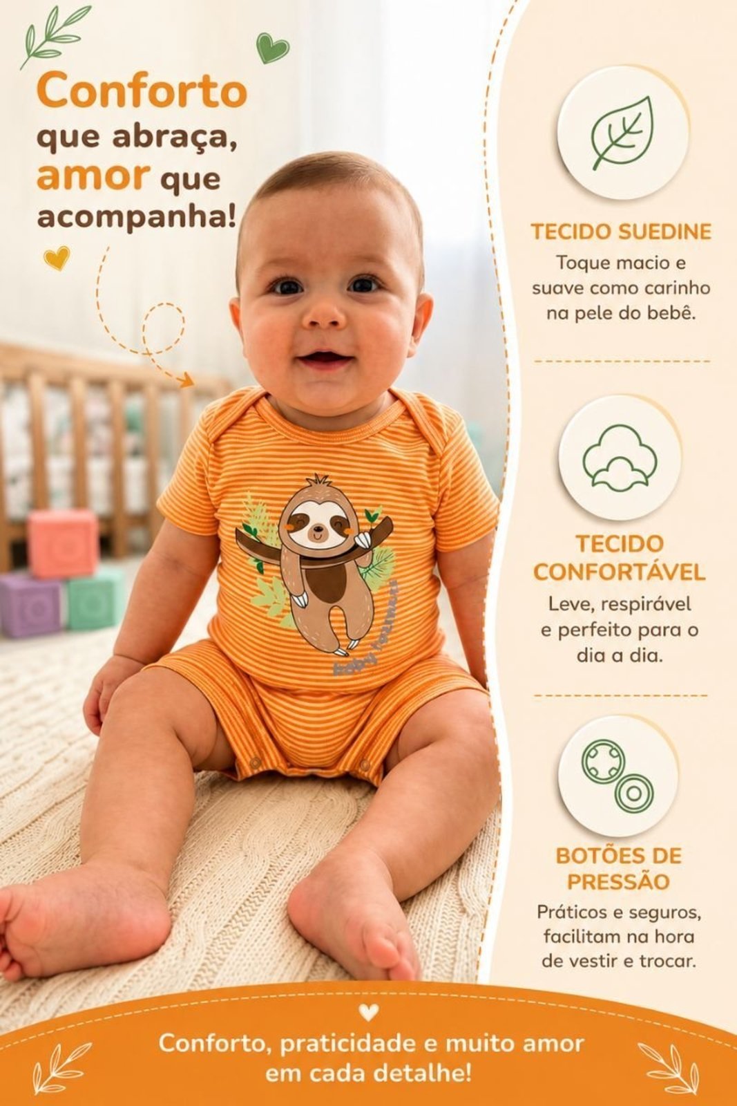Infantil - Macacão Curto Menino Suedine Listrado Bicho Preguiça Manga Curta Zupa Zuka