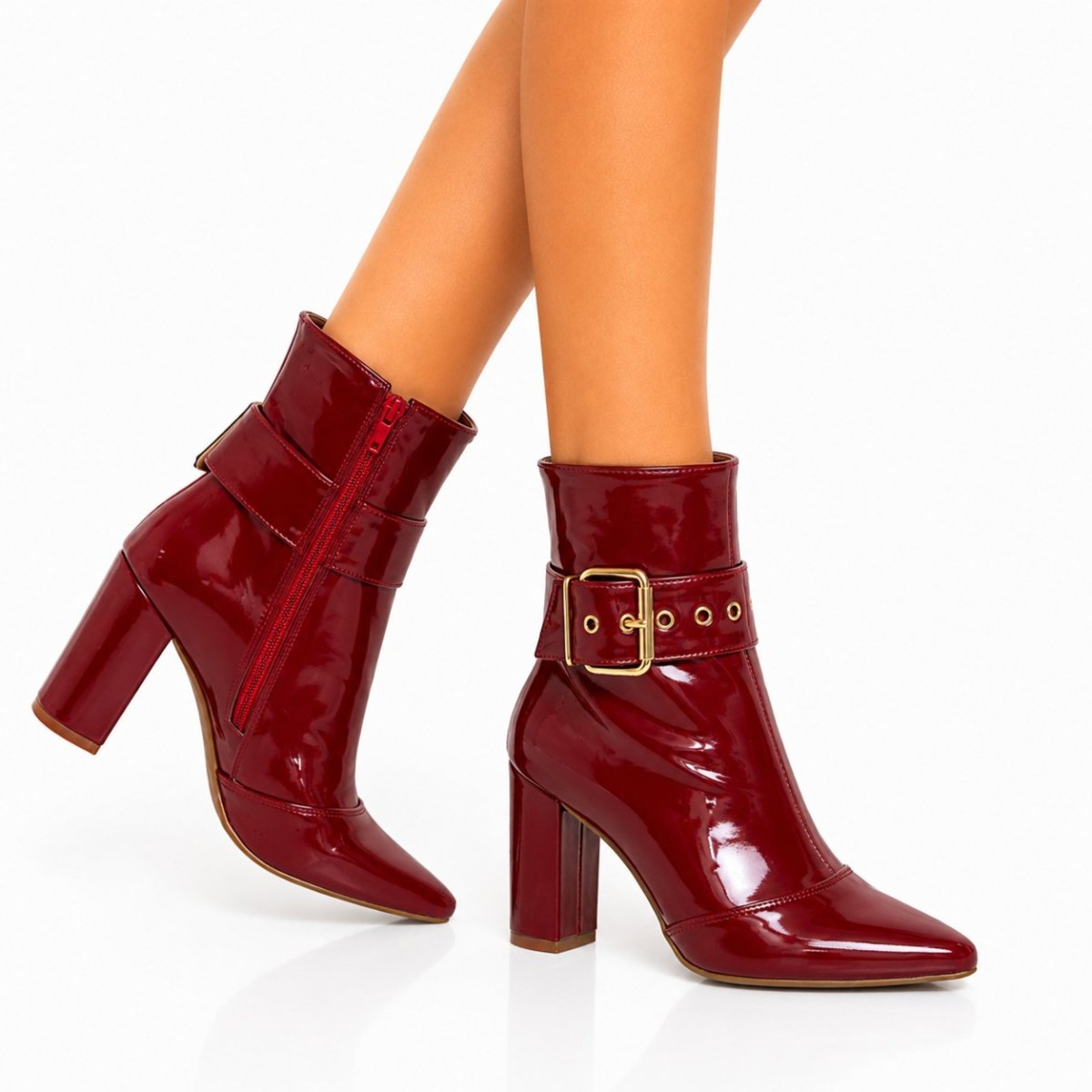 Bota Feminina Sete Sales Salto Bloco Cano Médio Tira Removivel Tendência 1836 Verniz Marsala