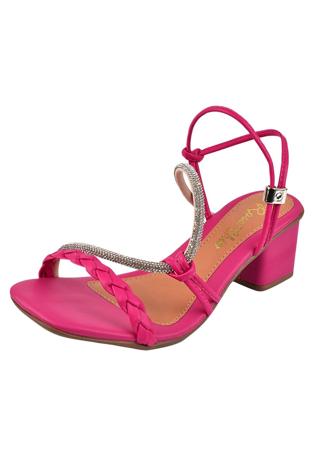 Sandália Feminina Salto Baixo 5cm Bloco Strass Brilho Bico Quadrado