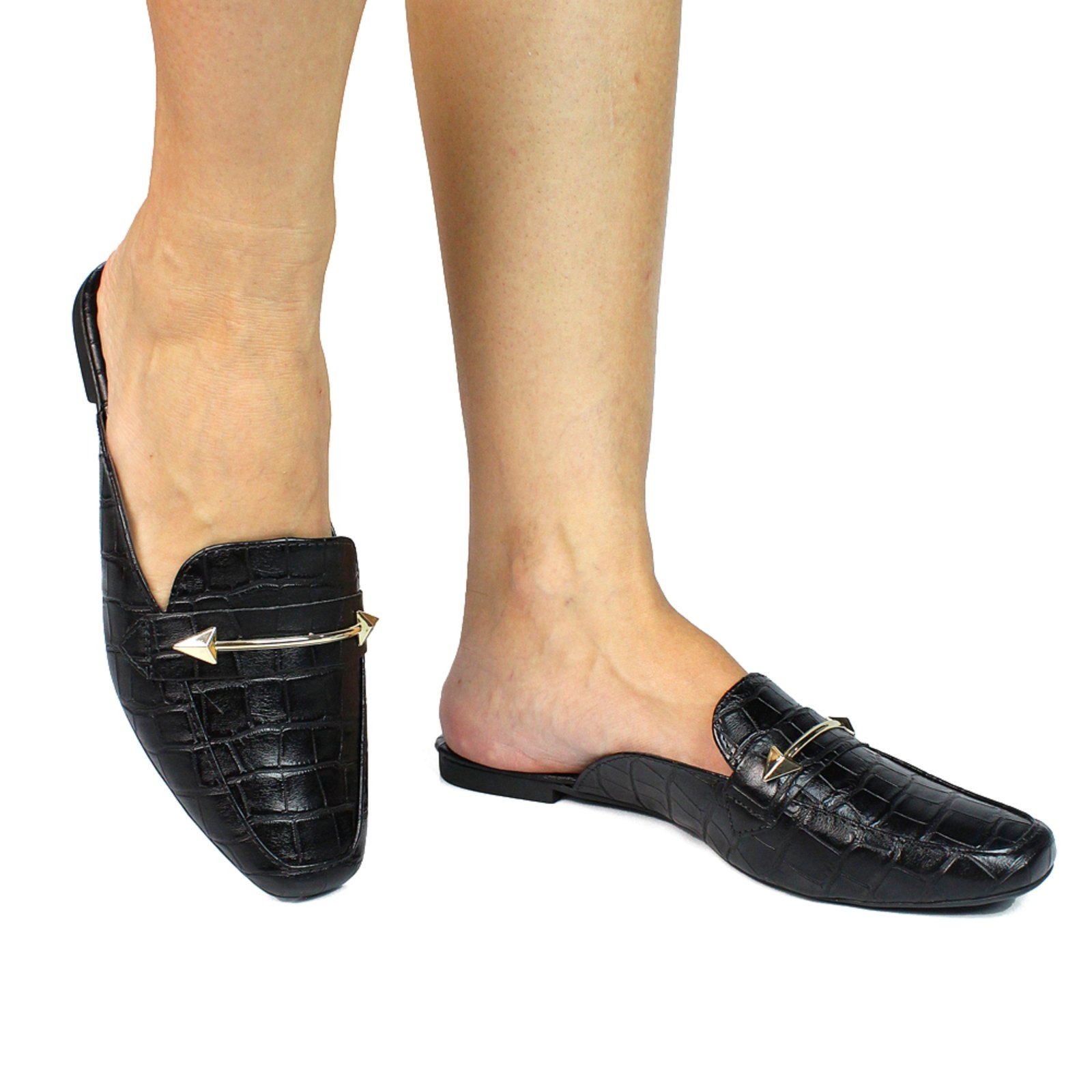 Vista 3 Sapato Mule Feminino CM Calçados Bico Quadrado Confort Croco Monte Shoes preto Monte Shoes preto