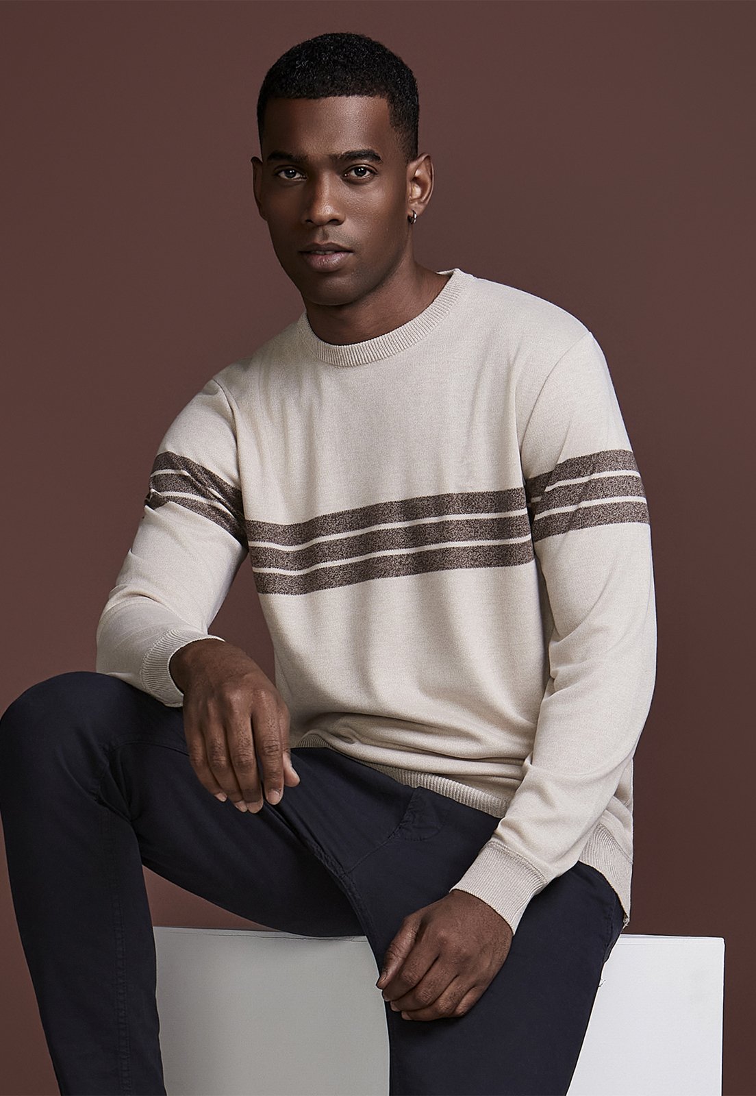 SUETER MASCULINO AD GOLA CARECA LISTRAS MESCLA BEGE/MESCLA MARROM